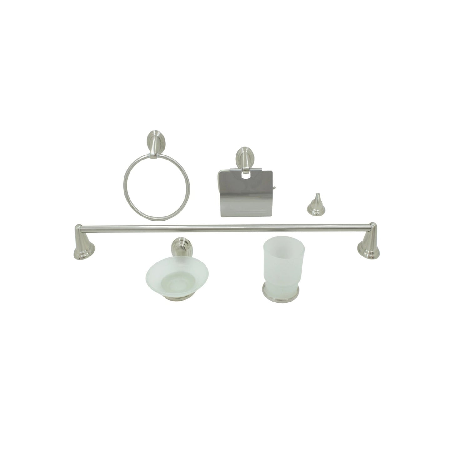 Juego de 6 accesorios de baño satinado: toallero, aro, porta rollo, jabonera, vaso y gancho