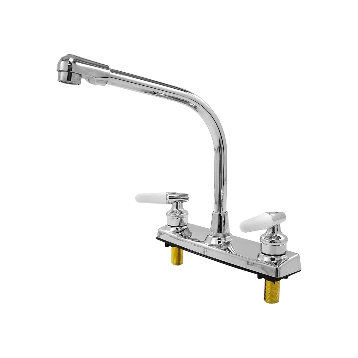 Mezcladora de fregadero 8" cromada con dos manijas blancas y cuello de ganso curvo para cocina