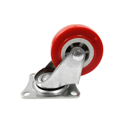 Rodaja giratoria roja de 2.5 pulgadas con rueda resistente y base metálica, para carros o mobiliario.