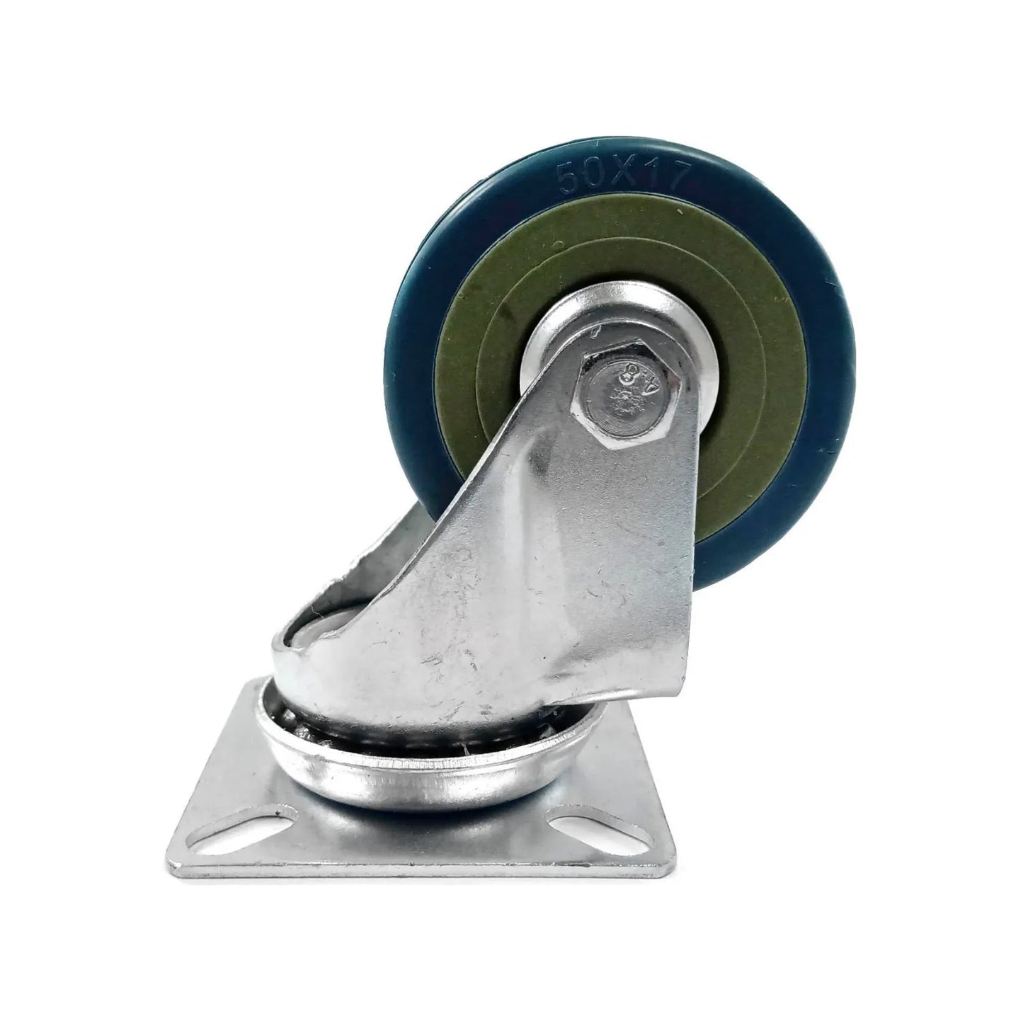 Rodaja giratoria metálica con rodaja bicapa azul y verde 50x17mm para uso en muebles y equipo