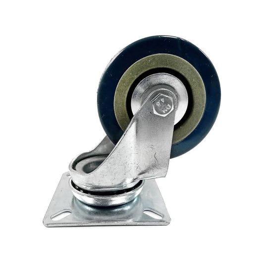 Rodaja giratoria de 3 pulgadas con rueda azul y verde, soporte y base de metal galvanizado para alta resistencia.