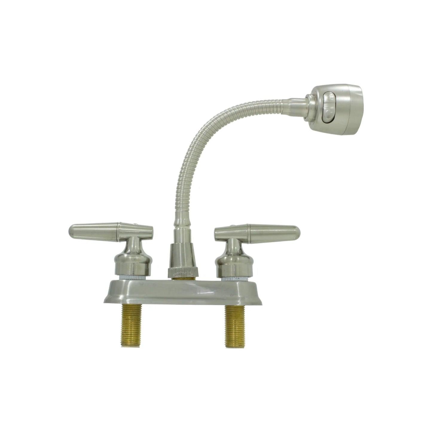 Mezcladora lavabo 4 pulgadas, dos manerales, cuello flexible con rociador, acabado níquel cepillado.