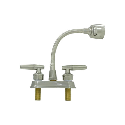 Mezcladora lavabo 4 pulgadas, dos manerales, cuello flexible con rociador, acabado níquel cepillado.