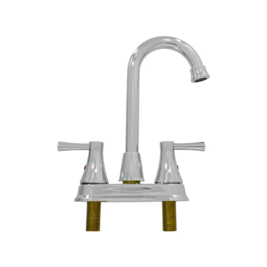 Cuerpo de bronce.,Cubierta metálica.,Acabado: Satín.,Cuello metálico.,Maneral de palanca.