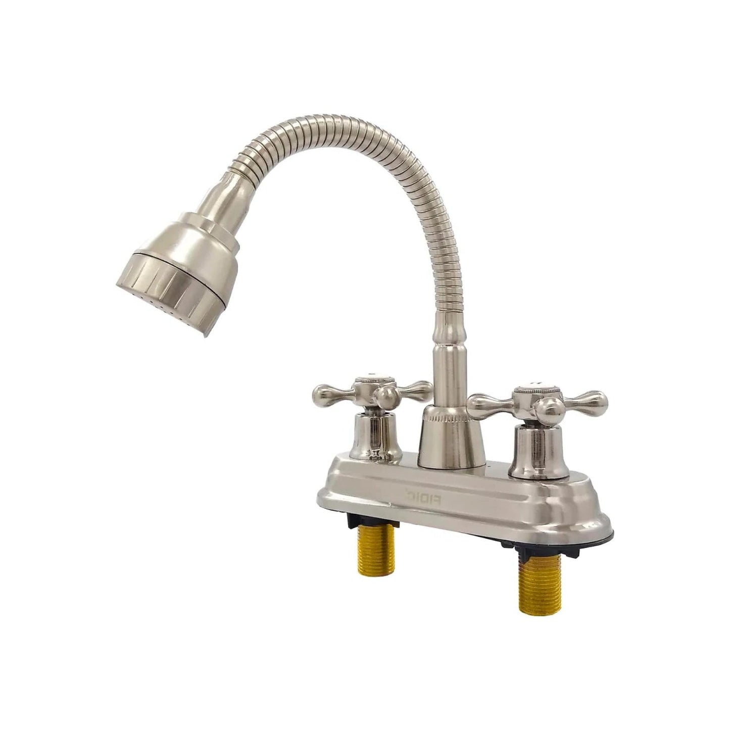Mezcladora lavabo 4" Fidic doble manija níquel cepillado caño flexible