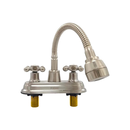 Mezcladora para lavabo Fidic, 2 manerales cruceta, cuello flexible, acabado níquel satinado.