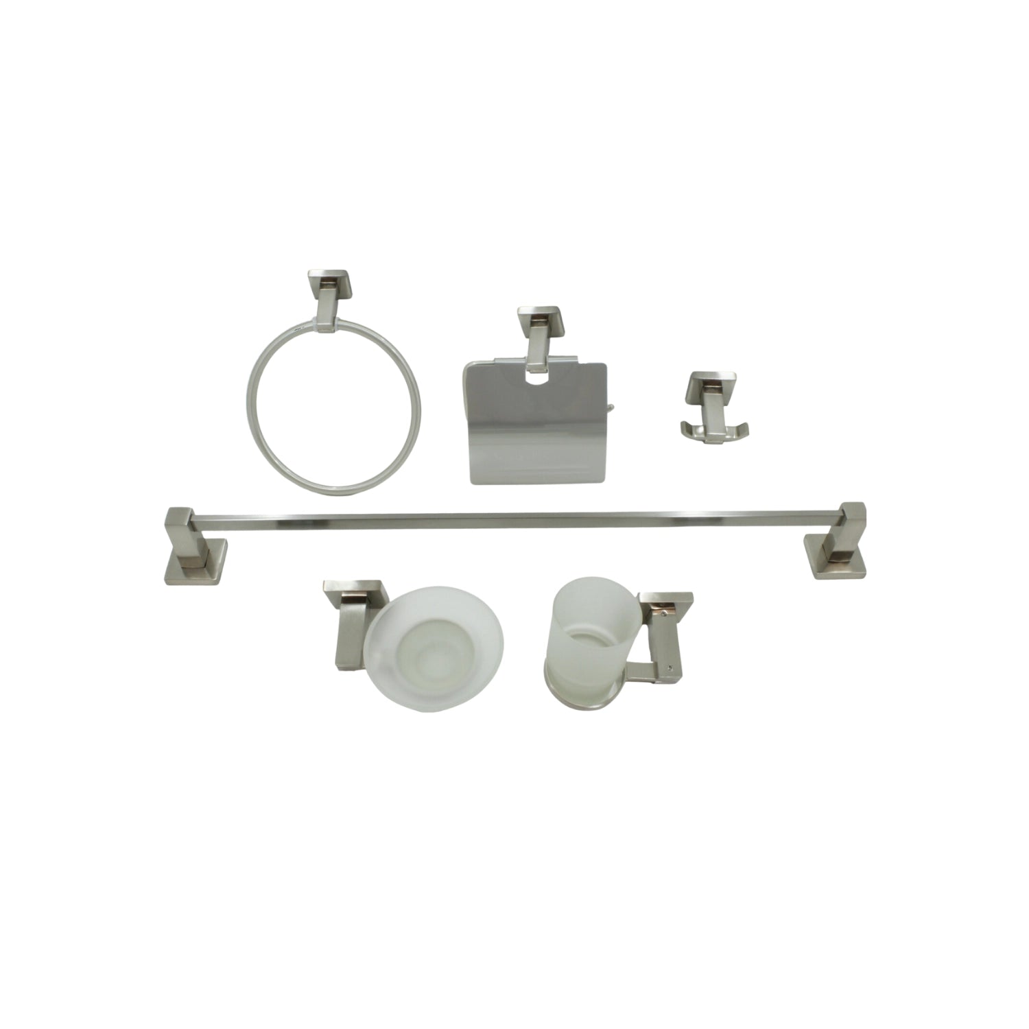 Juego completo de 6 accesorios de baño satinado: toallero, anilla, portarrollos, gancho doble, jabonera, portavaso.