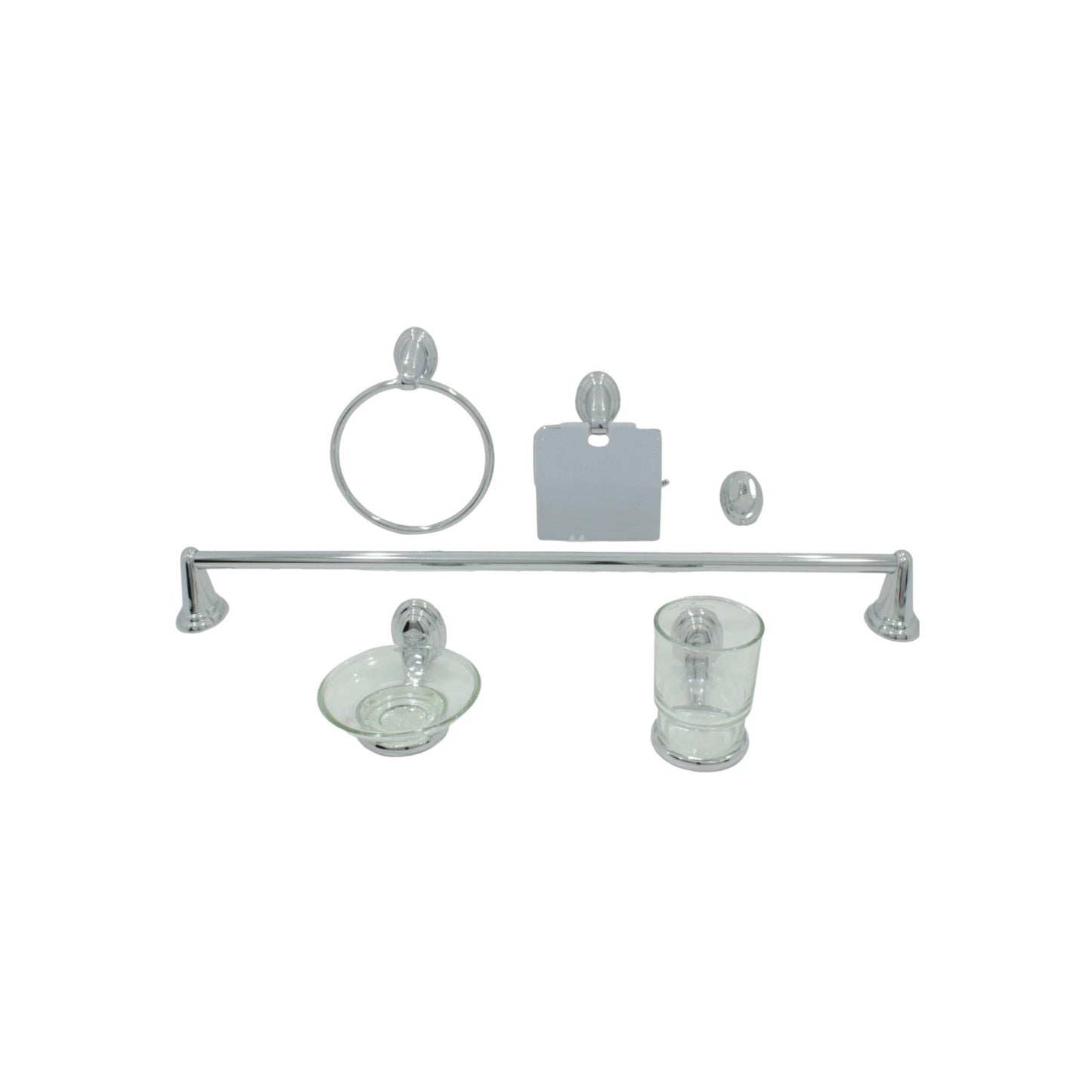 Set de 6 accesorios de baño cromados: barra toallero, argolla, portarrollos, gancho, jabonera y vaso.