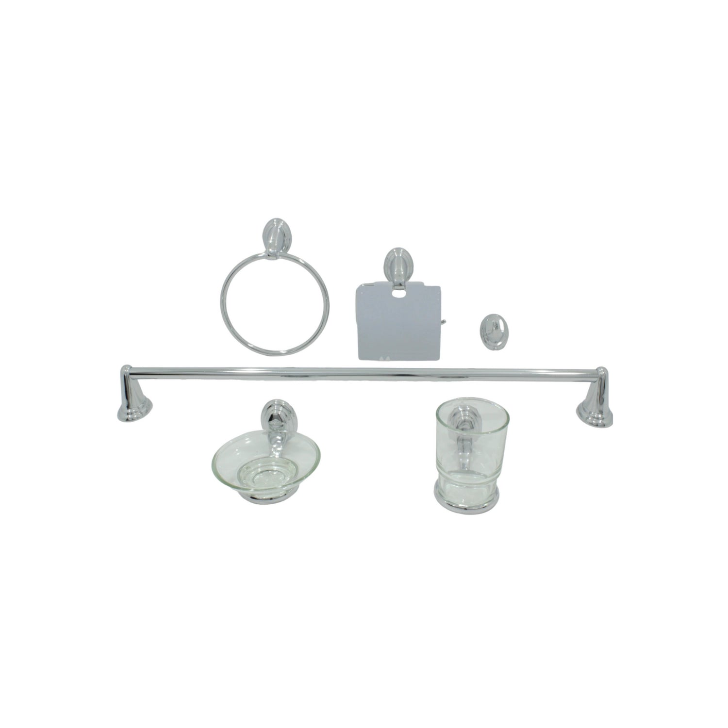 Set de 6 accesorios de baño cromados: barra toallero, argolla, portarrollos, gancho, jabonera y vaso.