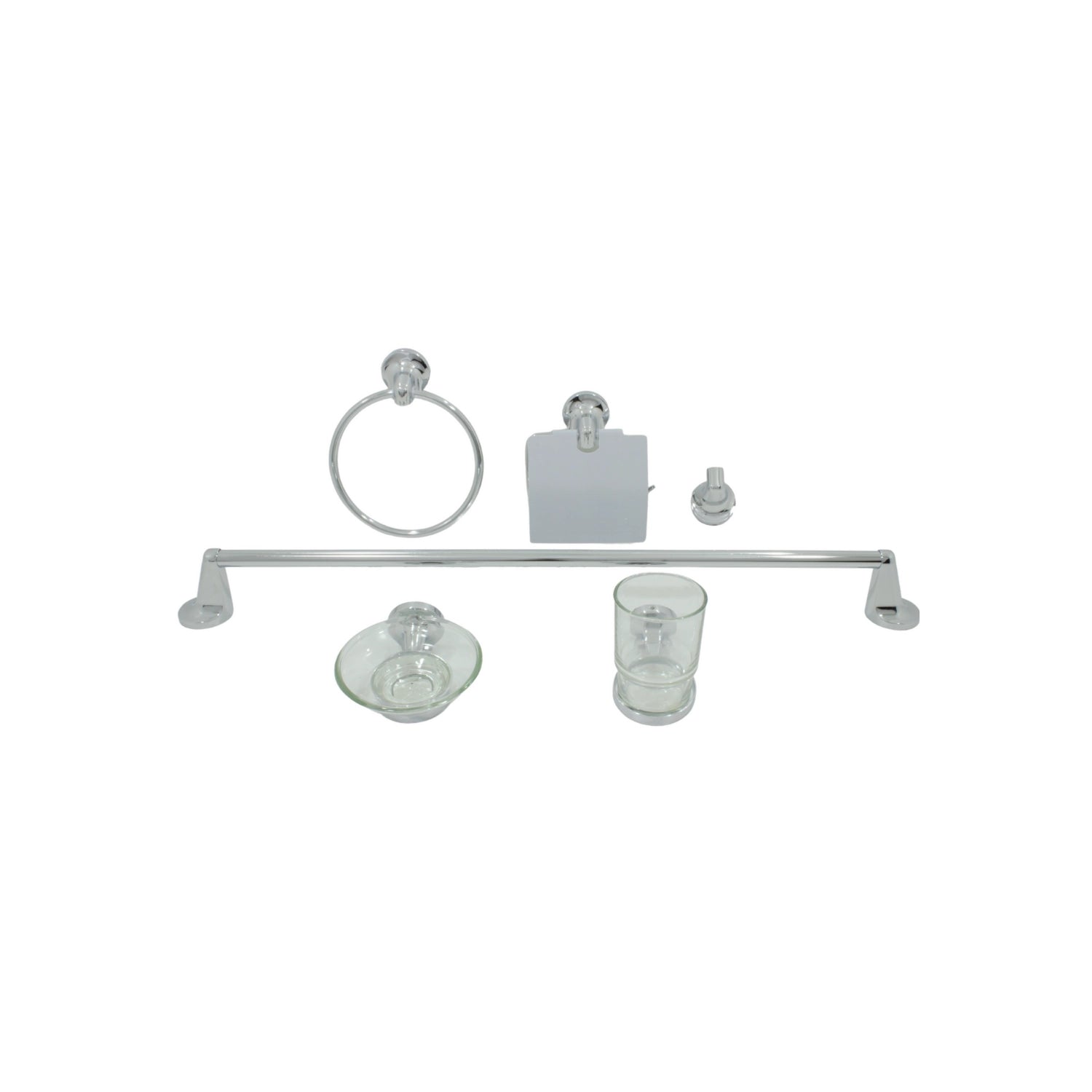 Juego de 6 accesorios de baño cromados: toallero, barra, porta rollo, gancho, jabonera y vaso de vidrio.