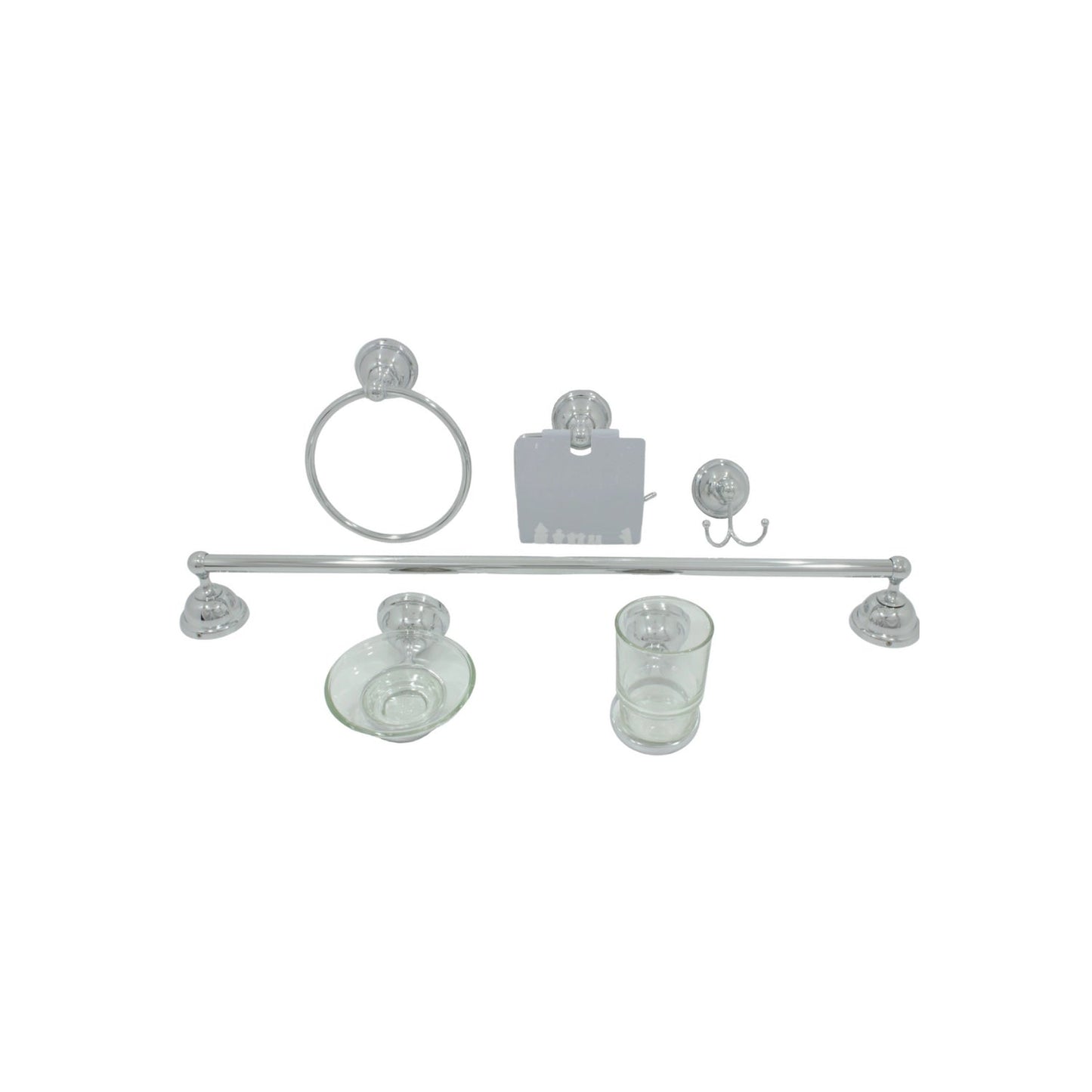 Juego de accesorios de baño cromado 6 piezas: toallero, portarrollos, gancho, barra de toalla, jabonera y vaso.