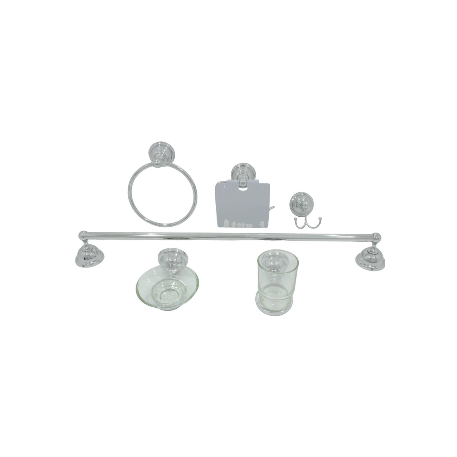 Juego de accesorios de baño cromado 6 piezas: toallero, portarrollos, gancho, barra de toalla, jabonera y vaso.