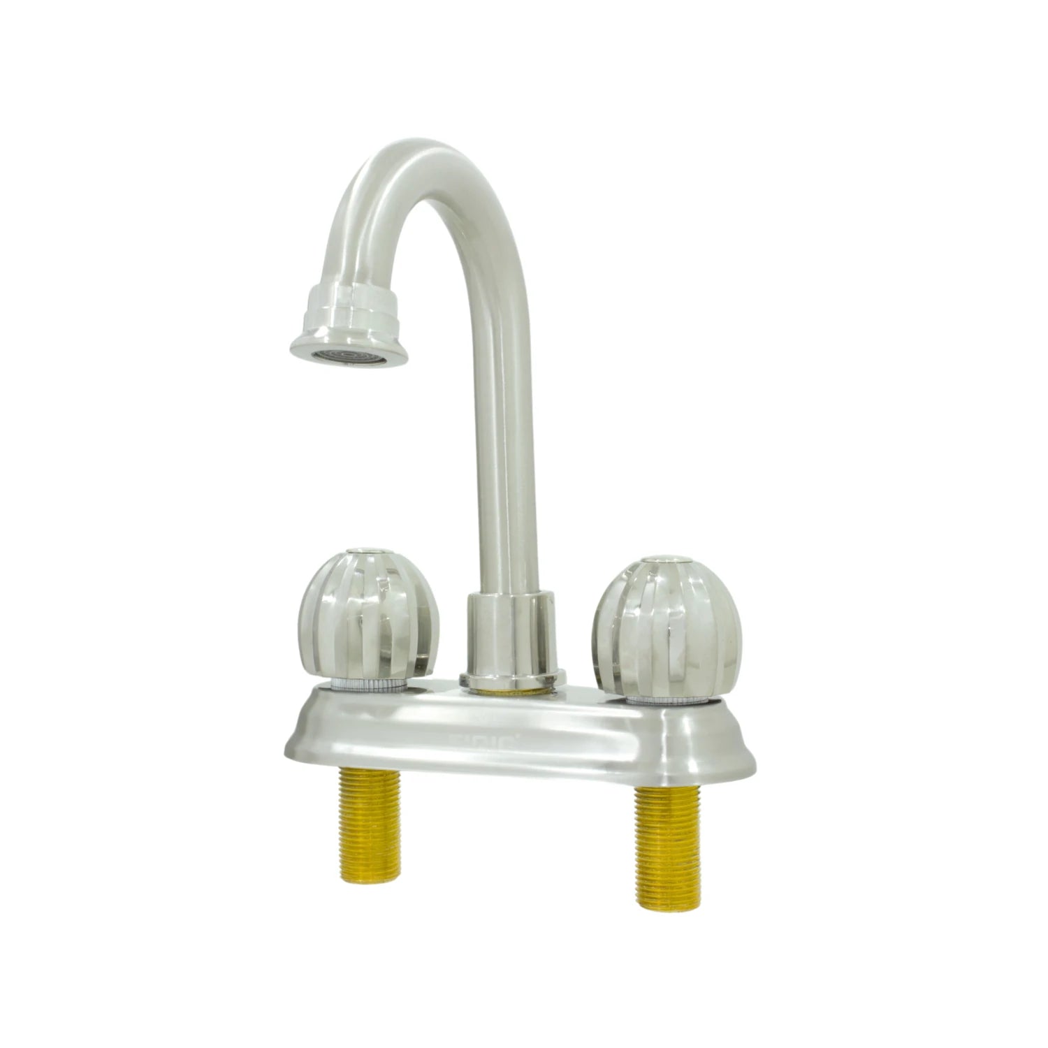 Mezcladora para lavabo con dos perillas, acabado níquel satinado, caño alto curvo y manijas estriadas para baño.