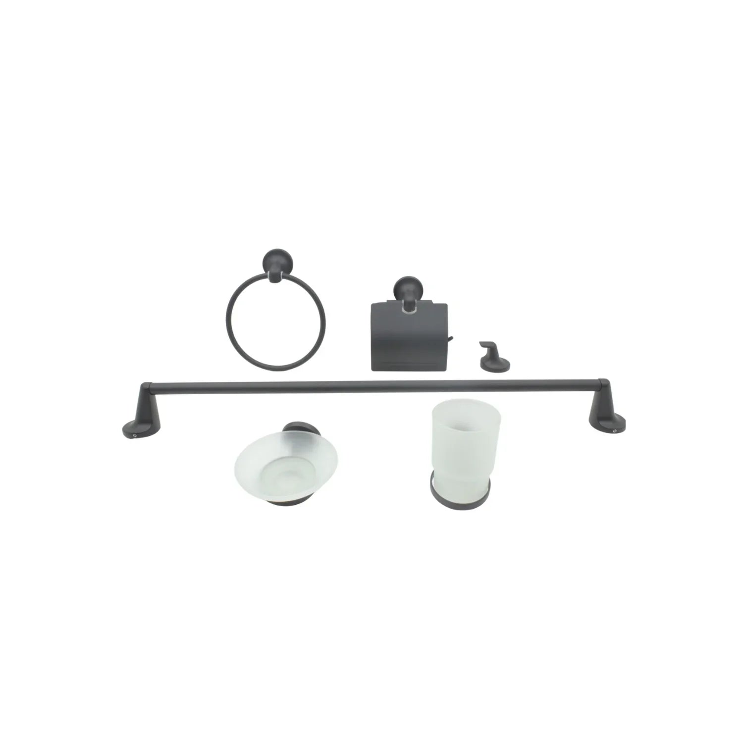 Acabado: Negro mate.,Incluye:,Barra para toalla de mano.,Soporte para papel higiénico.,Anillo para toalla.,Perchero.,Porta cepillos.,Jabonera.,Plug & Play: Fácil de instalar, instrucciones paso a paso (incluye tuercas de instalación).,Ideal para baño residencial.
