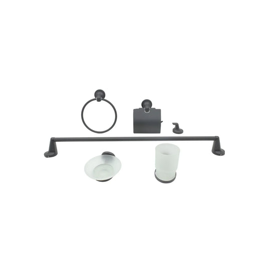 Acabado: Negro mate.,Incluye:,Barra para toalla de mano.,Soporte para papel higiénico.,Anillo para toalla.,Perchero.,Porta cepillos.,Jabonera.,Plug & Play: Fácil de instalar, instrucciones paso a paso (incluye tuercas de instalación).,Ideal para baño residencial.