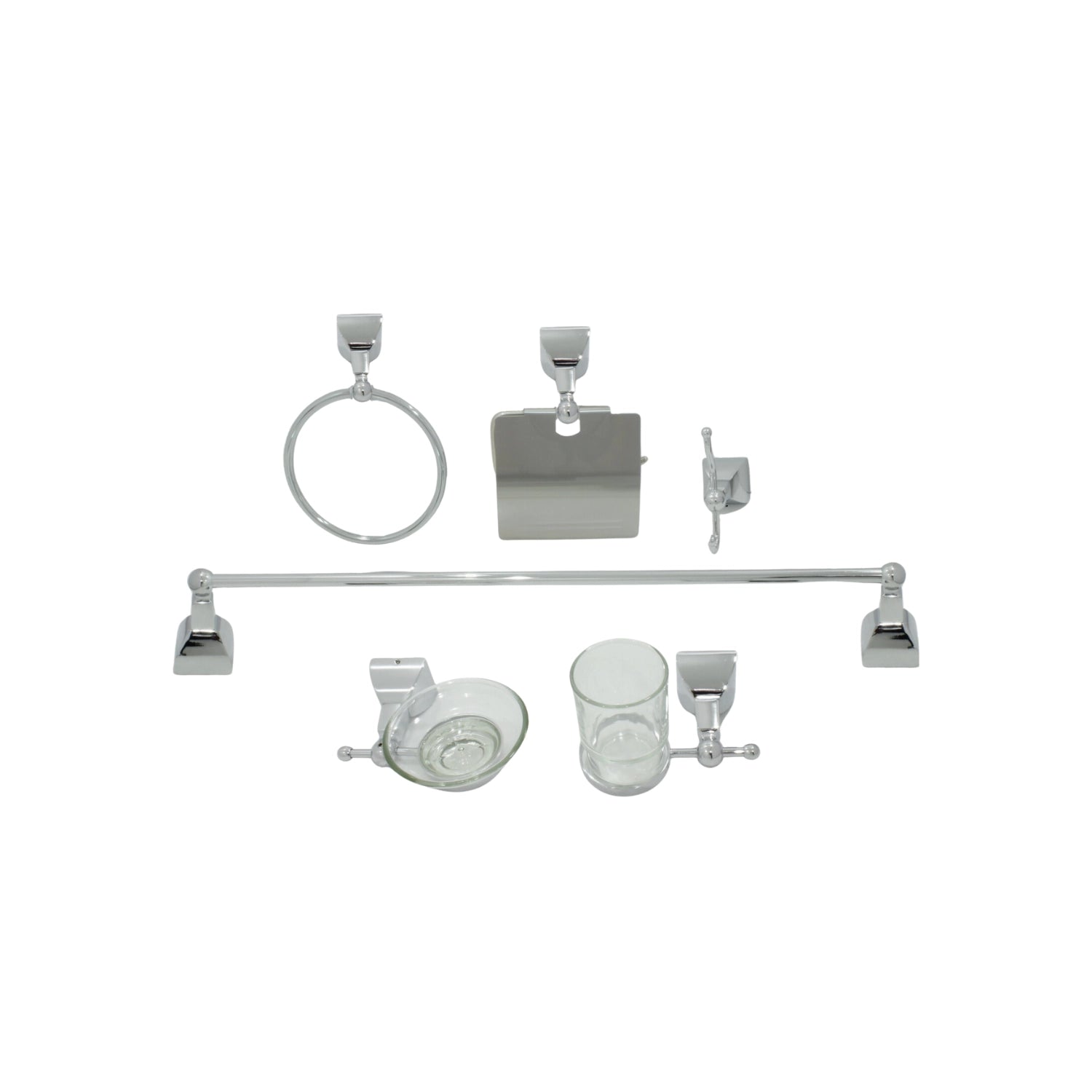 Juego de 6 accesorios para baño cromados: toallero de barra y aro, portarrollos, jabonera, gancho, porta vaso.