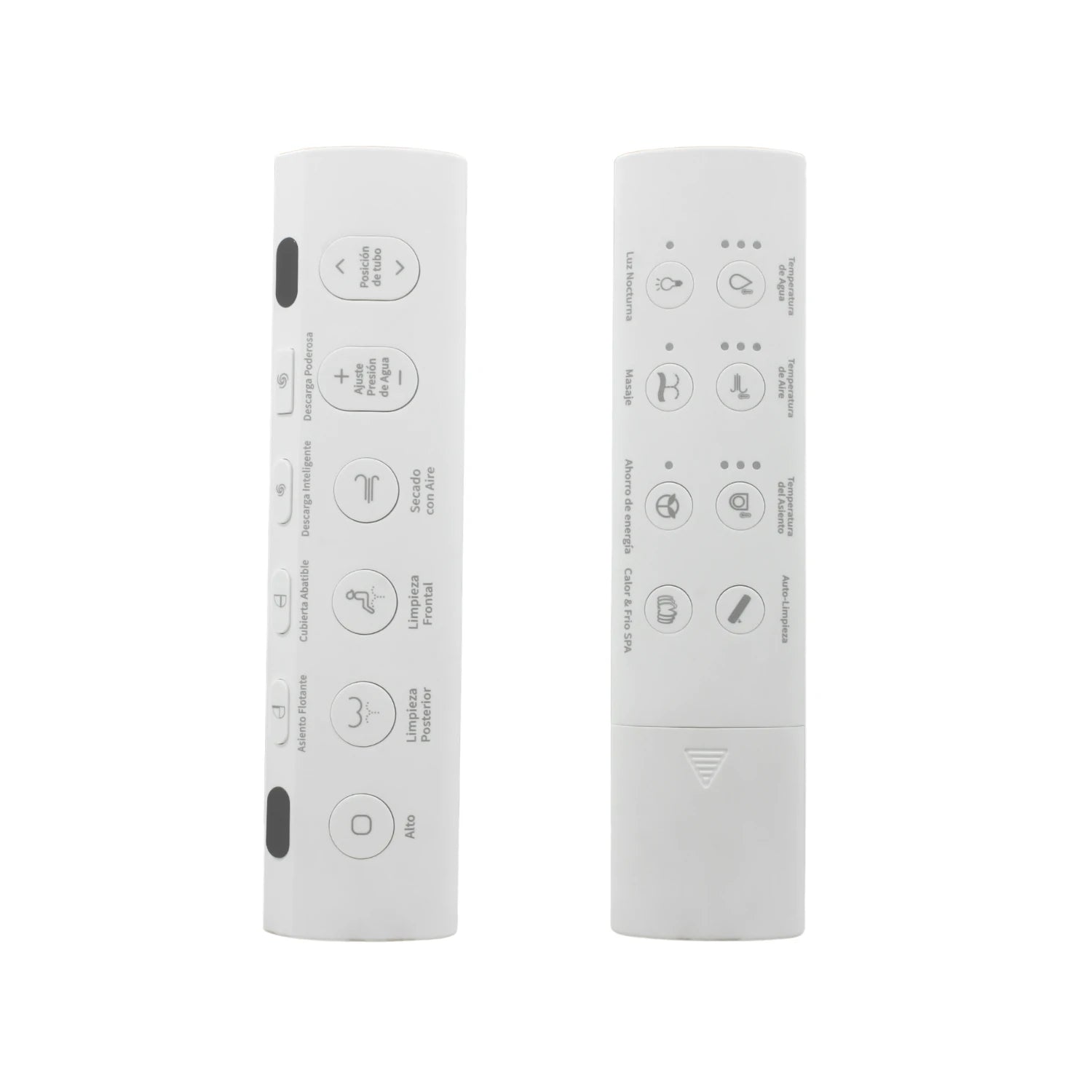 Control remoto digital blanco para inodoro inteligente con funciones de bidet, temperatura, secado y autolimpieza.