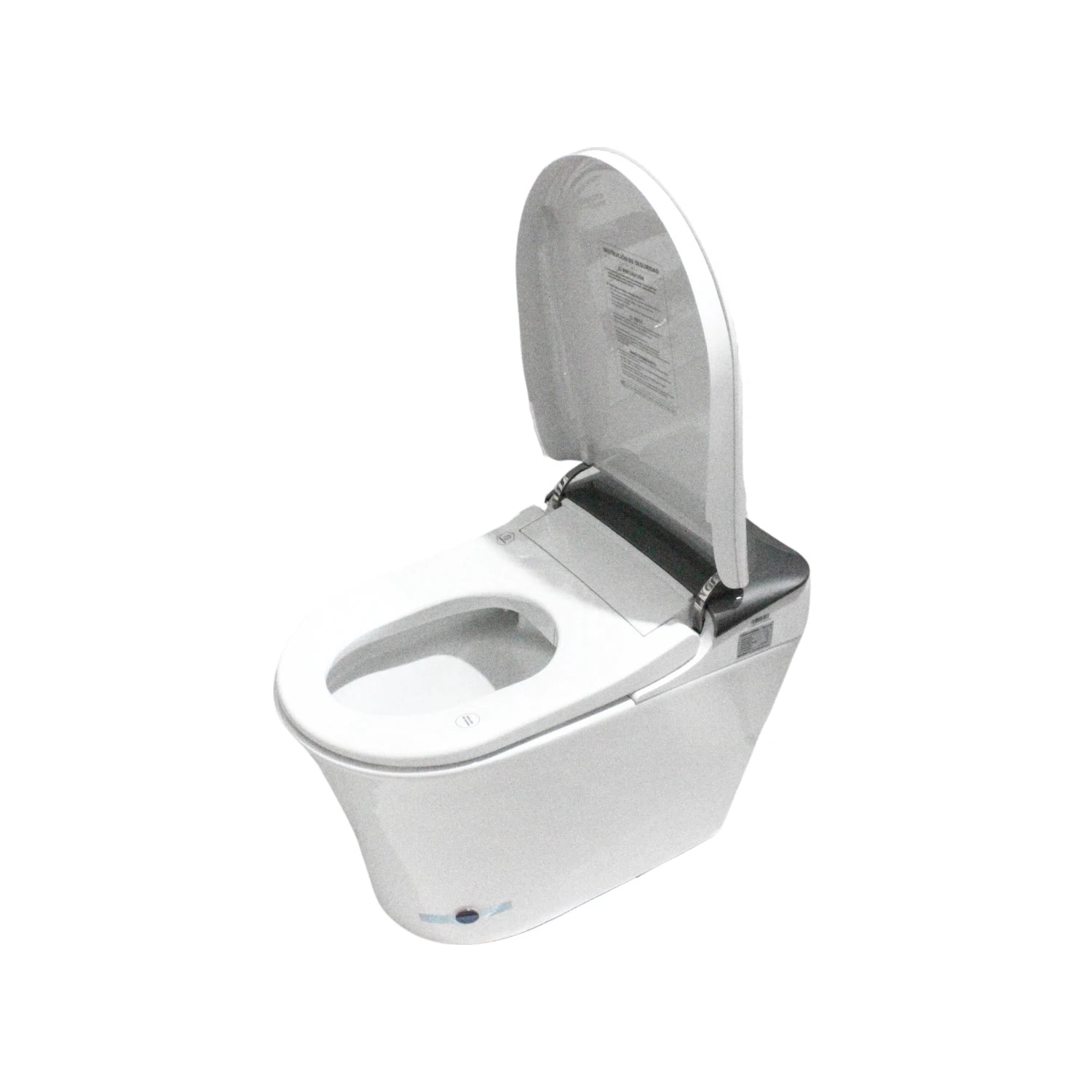 WC inteligente blanco de cerámica, inodoro moderno con bidet electrónico integrado y asiento/tapa levantados.