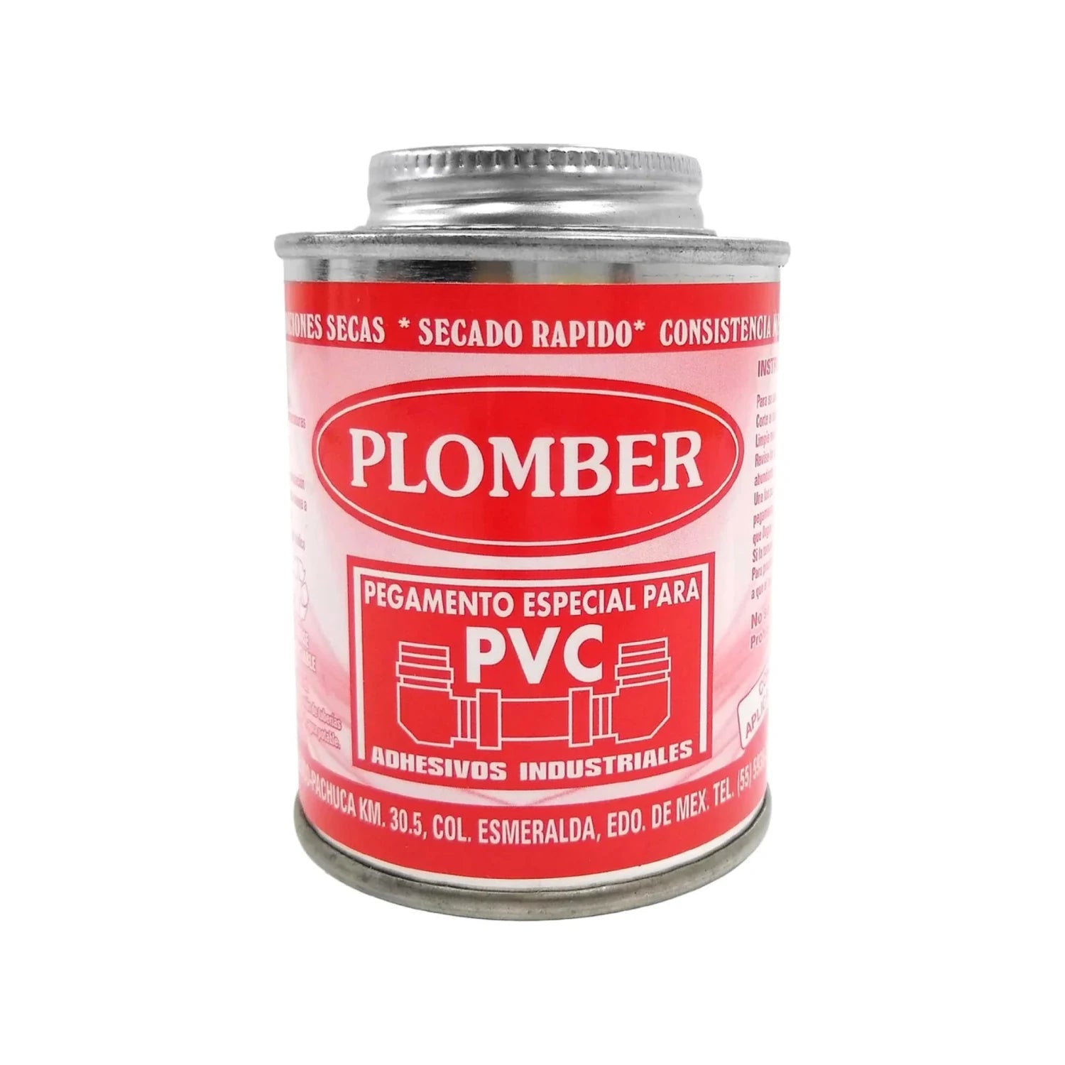 Pegamento especial para PVC marca Plomber color rojo. Adhesivo industrial de secado rápido para tuberías.