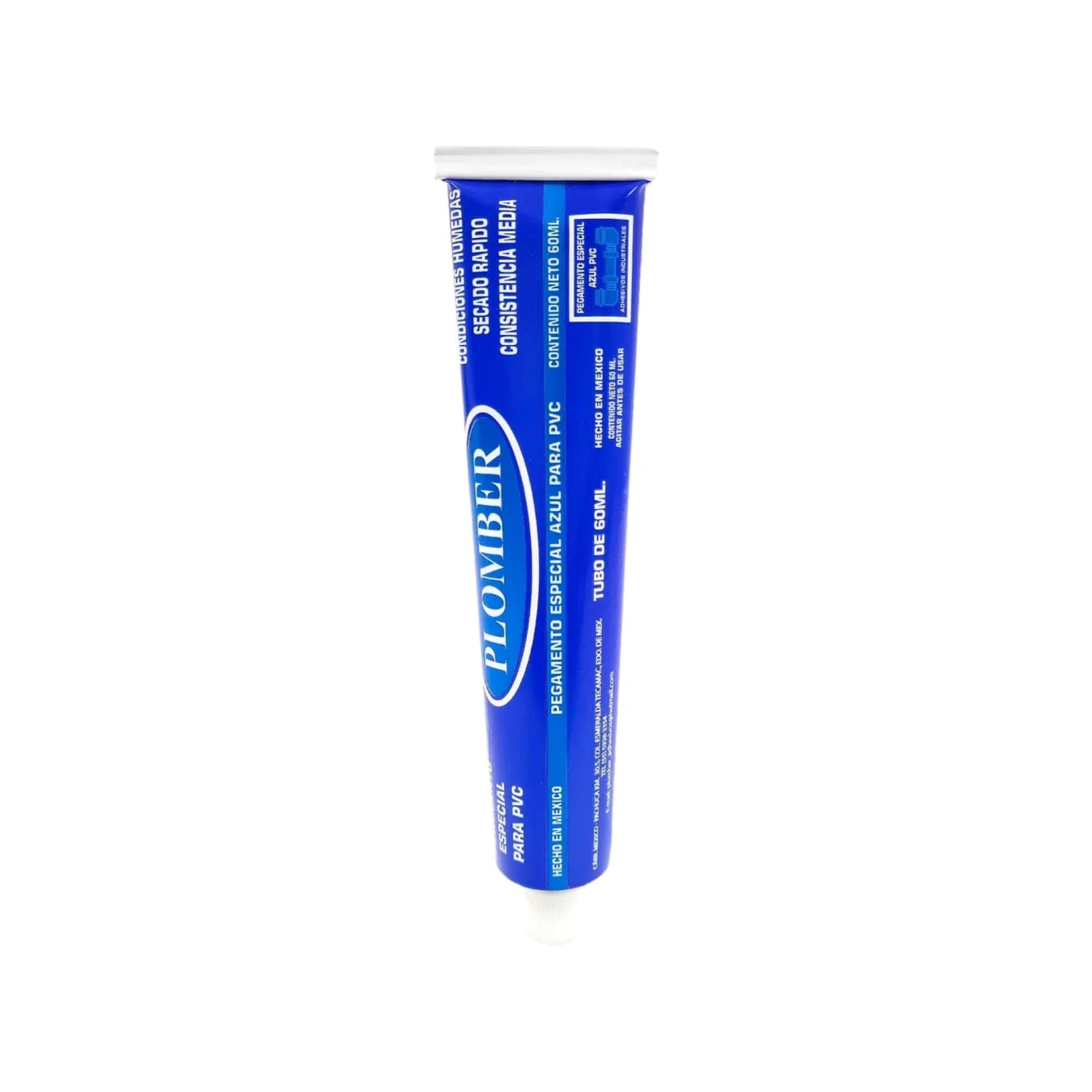 Pegamento azul Plomber para PVC 60ml, secado rápido, consistencia media, ideal para tuberías y conexiones.