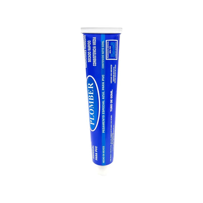 Pegamento azul Plomber para PVC 60ml, secado rápido, consistencia media, ideal para tuberías y conexiones.