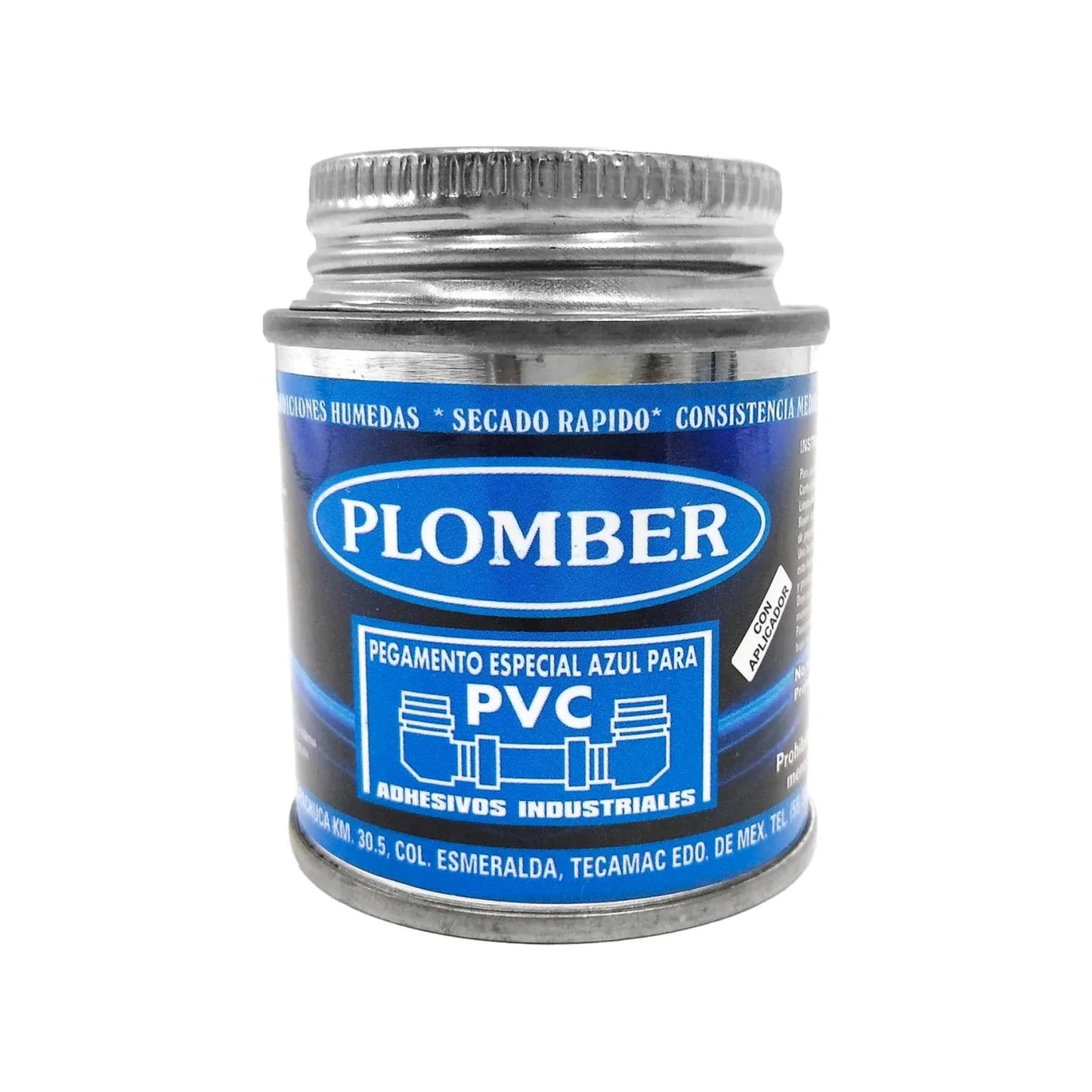 Pegamento azul Plomber para PVC de secado rápido, ideal para tuberías y conexiones con aplicador.