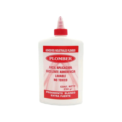 Pegamento blanco Plomber 250g extra fuerte, lavable, no tóxico, ideal para ferretería y hogar.