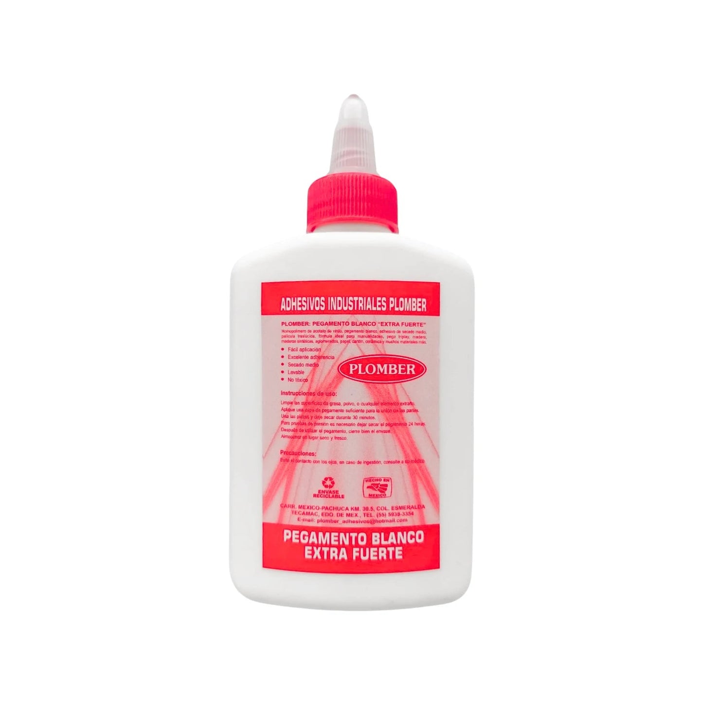 Pegamento blanco Plomber extra fuerte en botella blanca con tapa roja, ideal para madera, papel y manualidades.