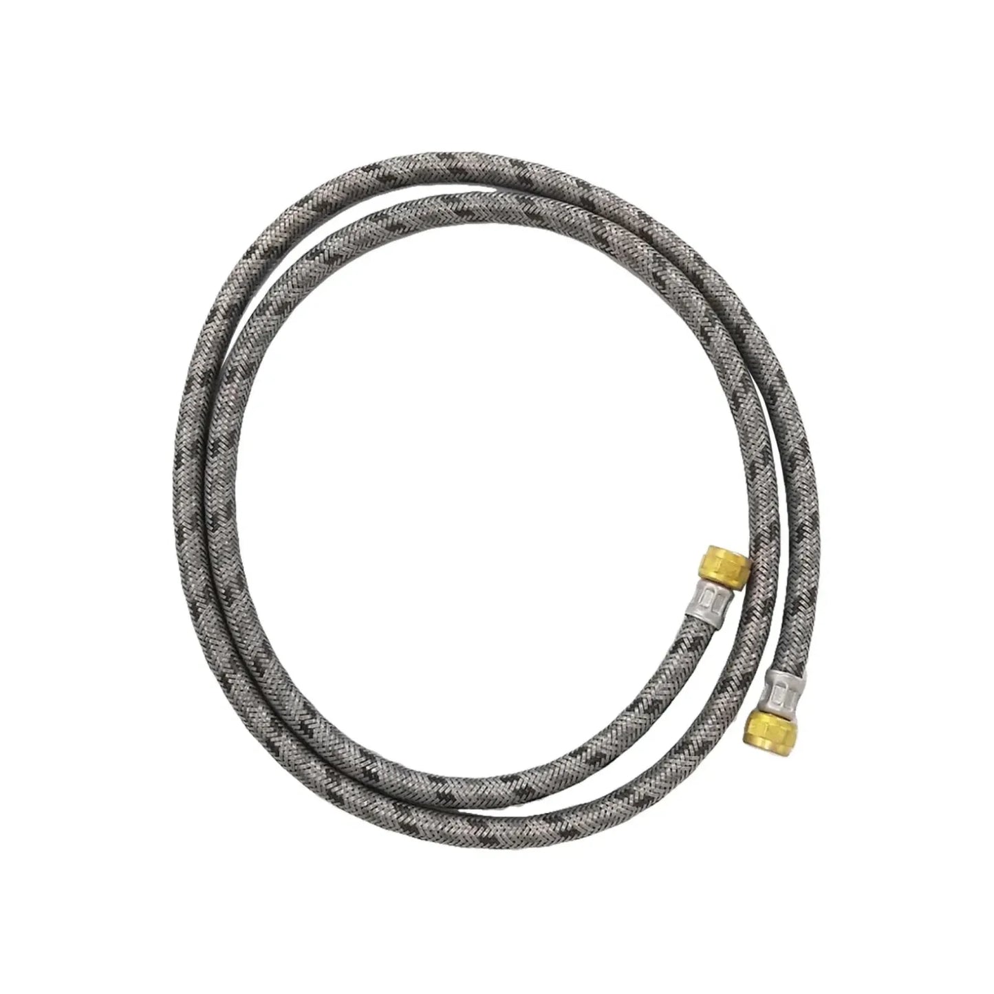 Manguera flexible de acero inoxidable trenzado para grifería con conectores roscados de latón y terminales metálicos.