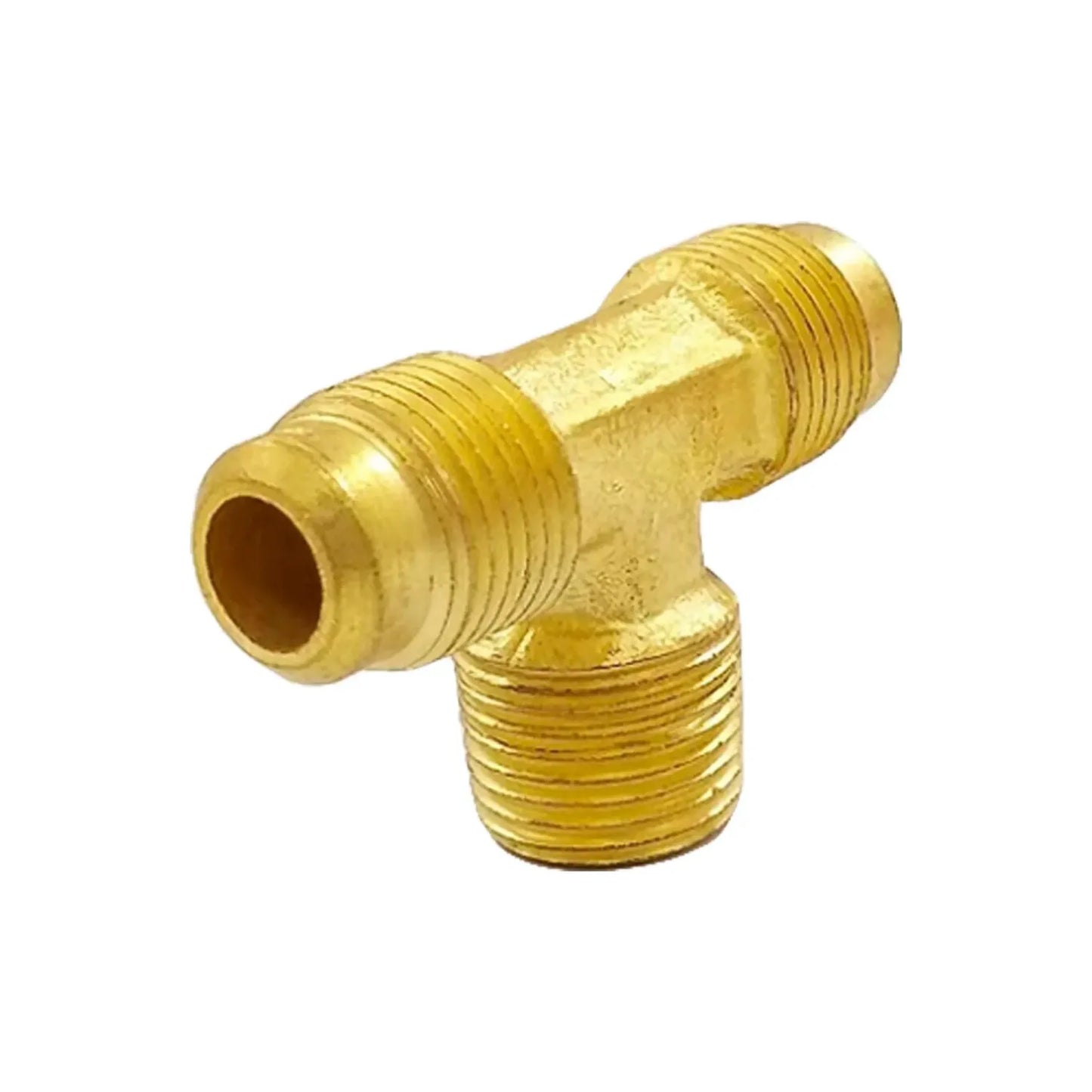 Conector tee de latón tipo flare con rosca macho para unión de tuberías de gas y aire comprimido