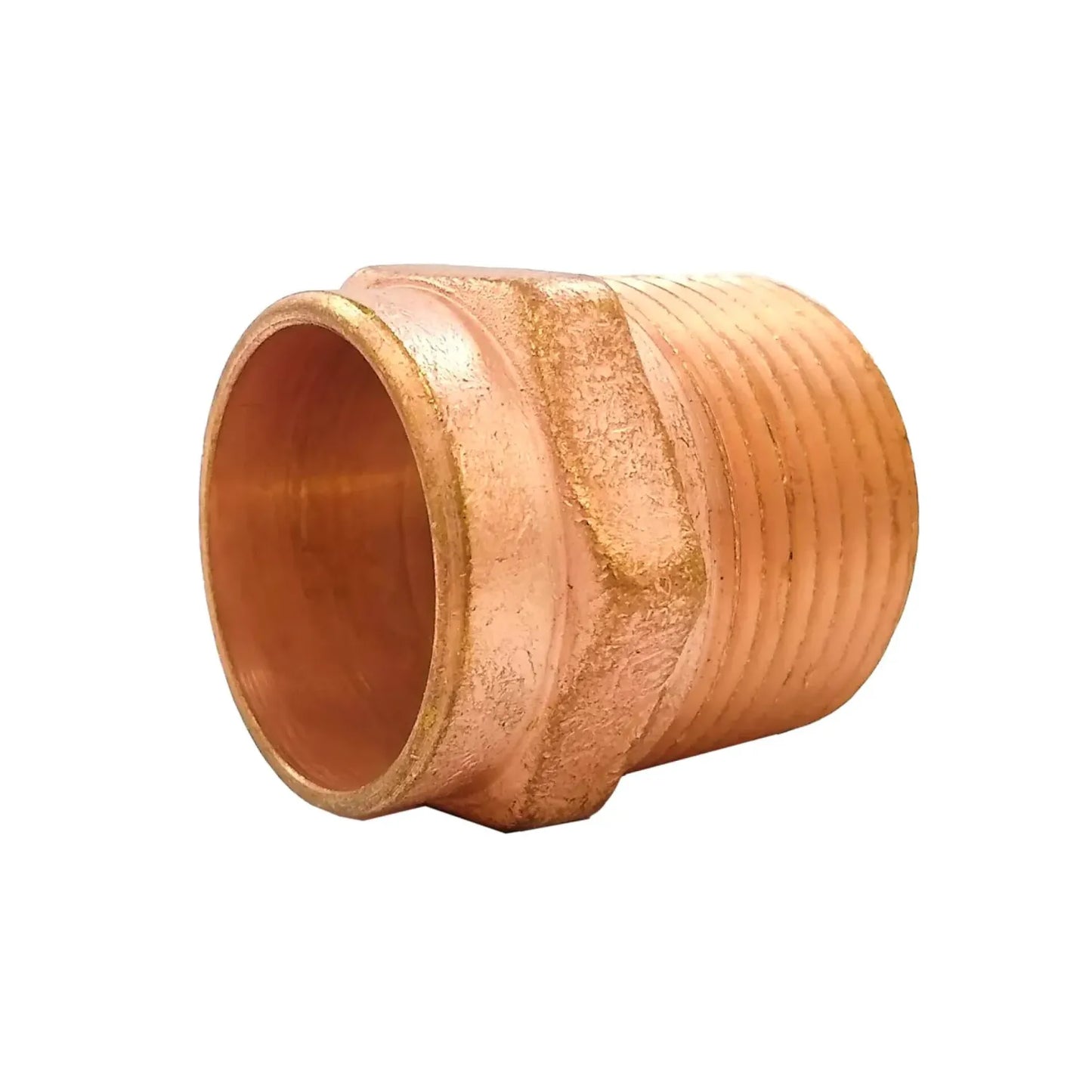 Conector macho de cobre para tubería con rosca exterior y extremo para soldar, ideal para instalaciones de fontanería.