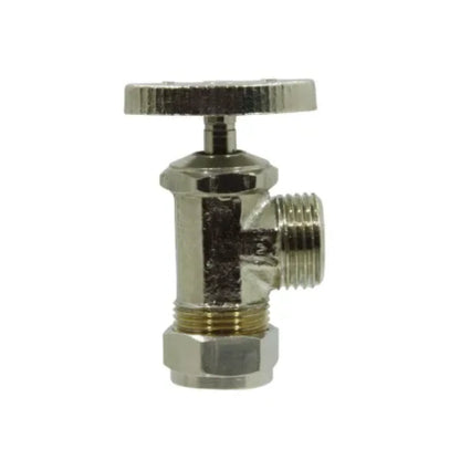 Llave de paso angular cromada de 1/2 pulgada para conexión de agua con manija redonda y tuerca de compresión