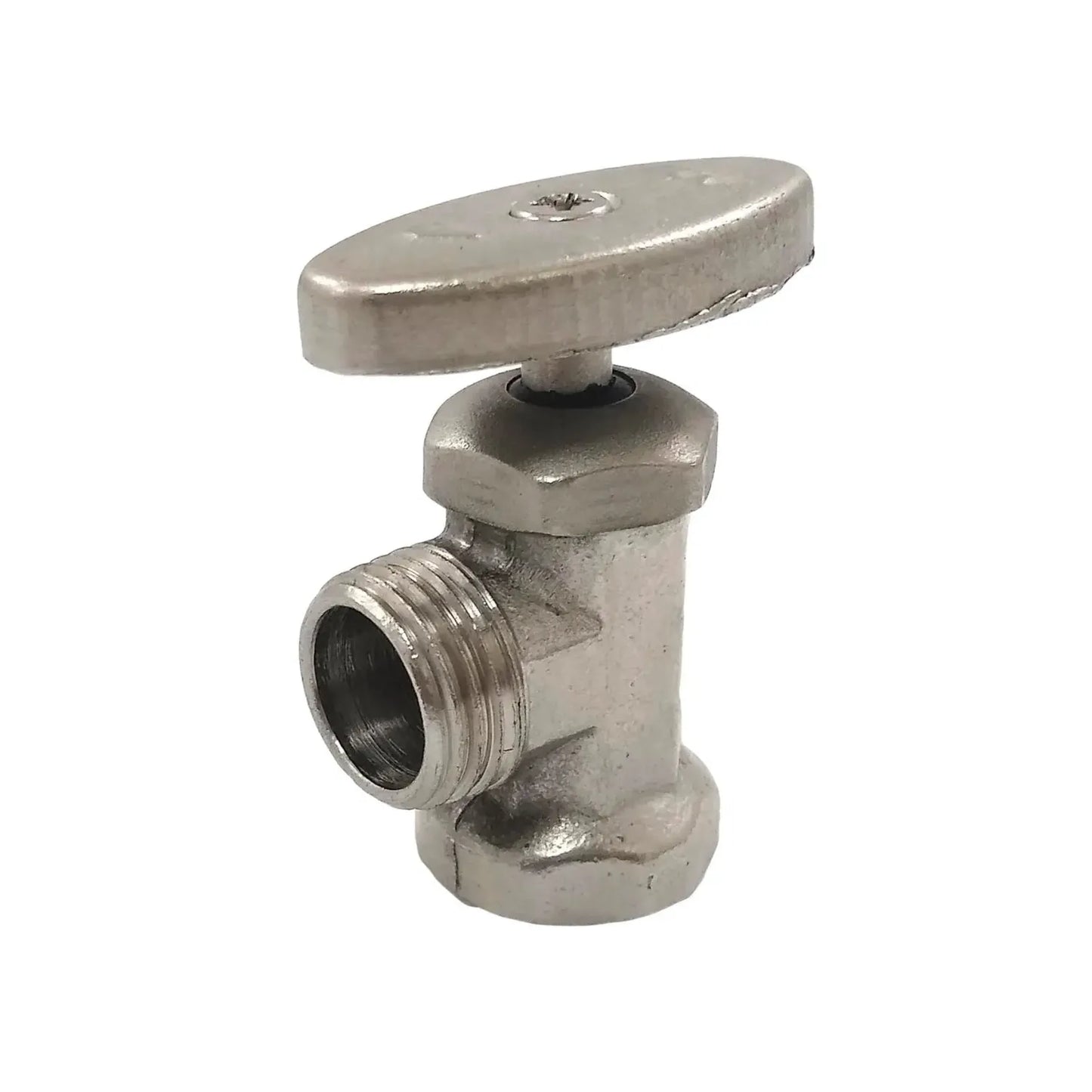 Llave de paso angular de metal cromado con maneta ovalada para control de flujo de agua en instalaciones de plomería
