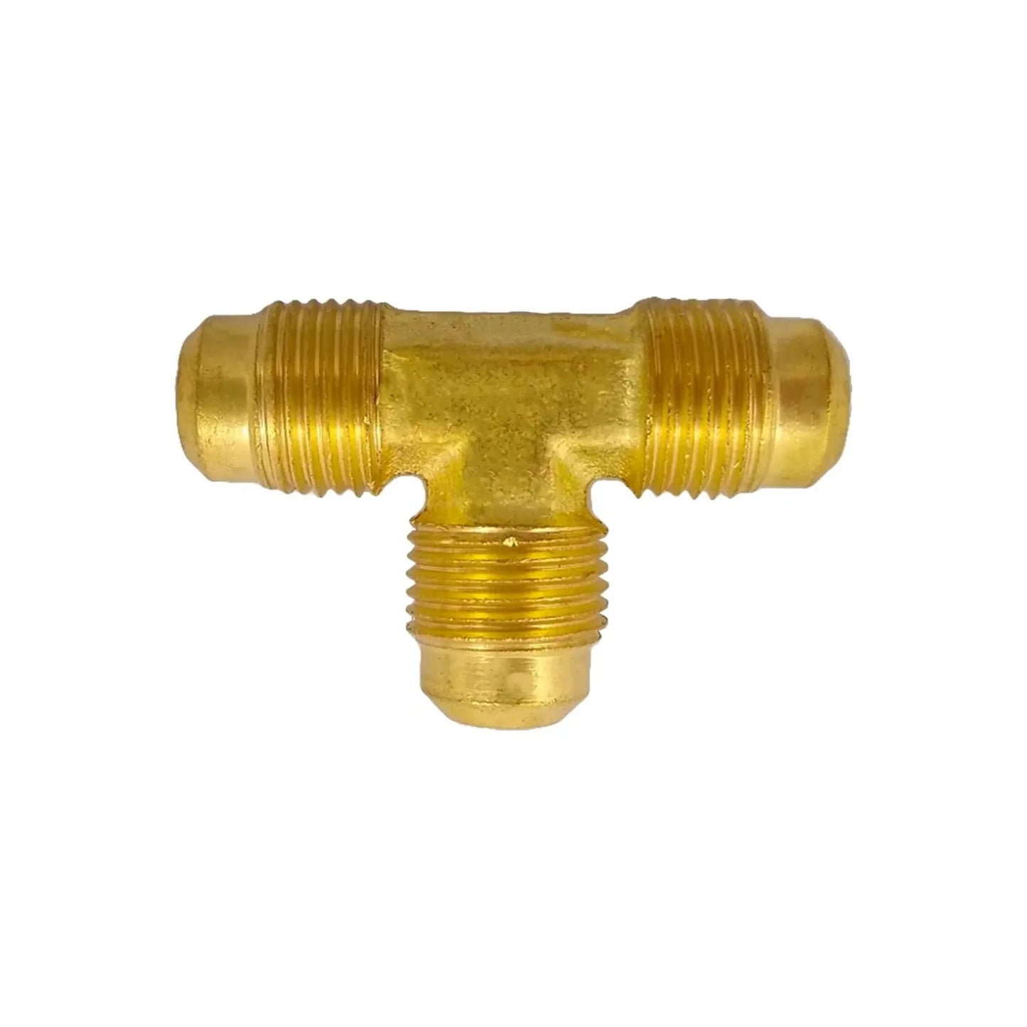 Conector de latón tipo T para manguera con tres roscas macho flare para conexiones hidráulicas o de gas