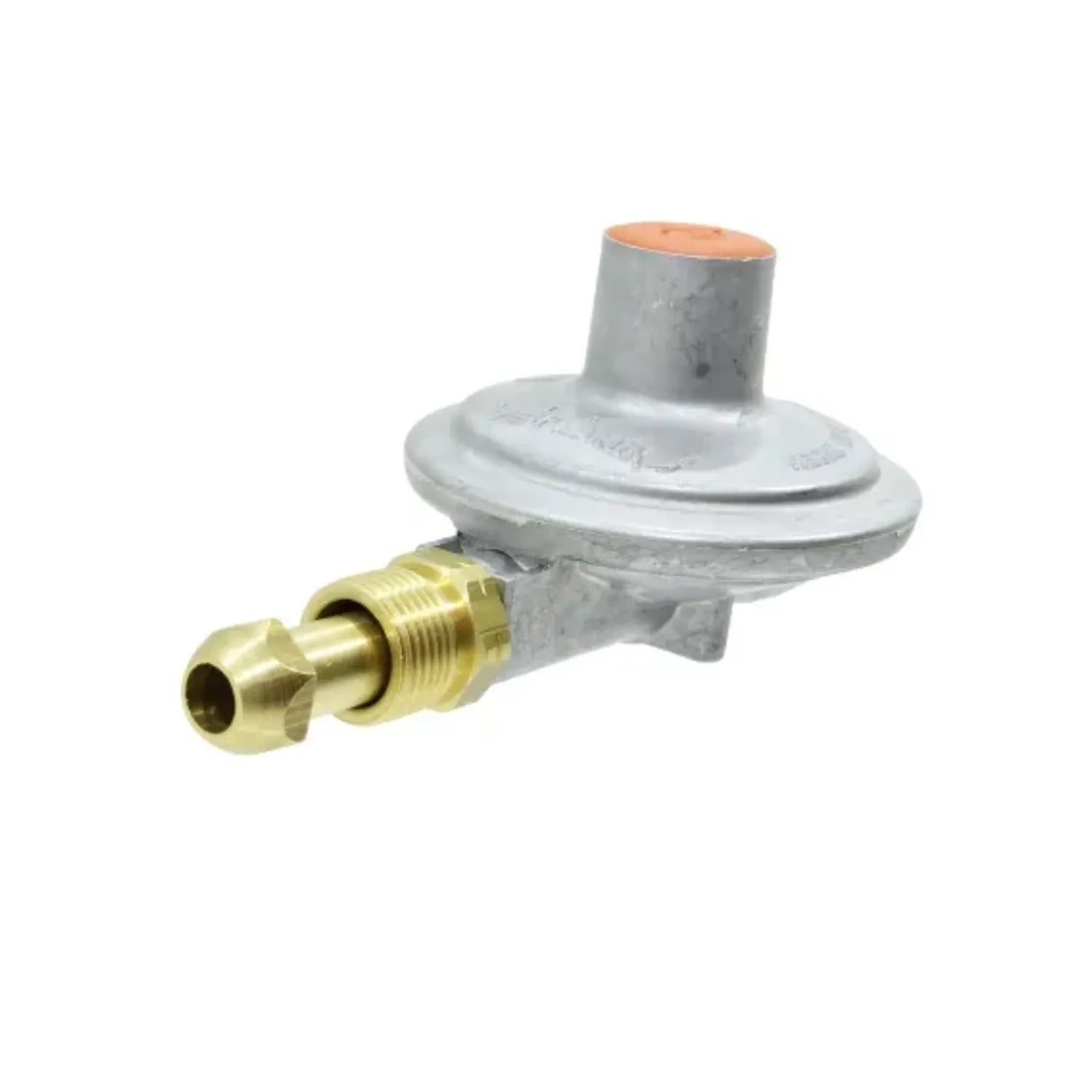 Regulador de gas de baja presión con conector de latón para cilindros de GLP, cuerpo metálico color gris y tapa naranja