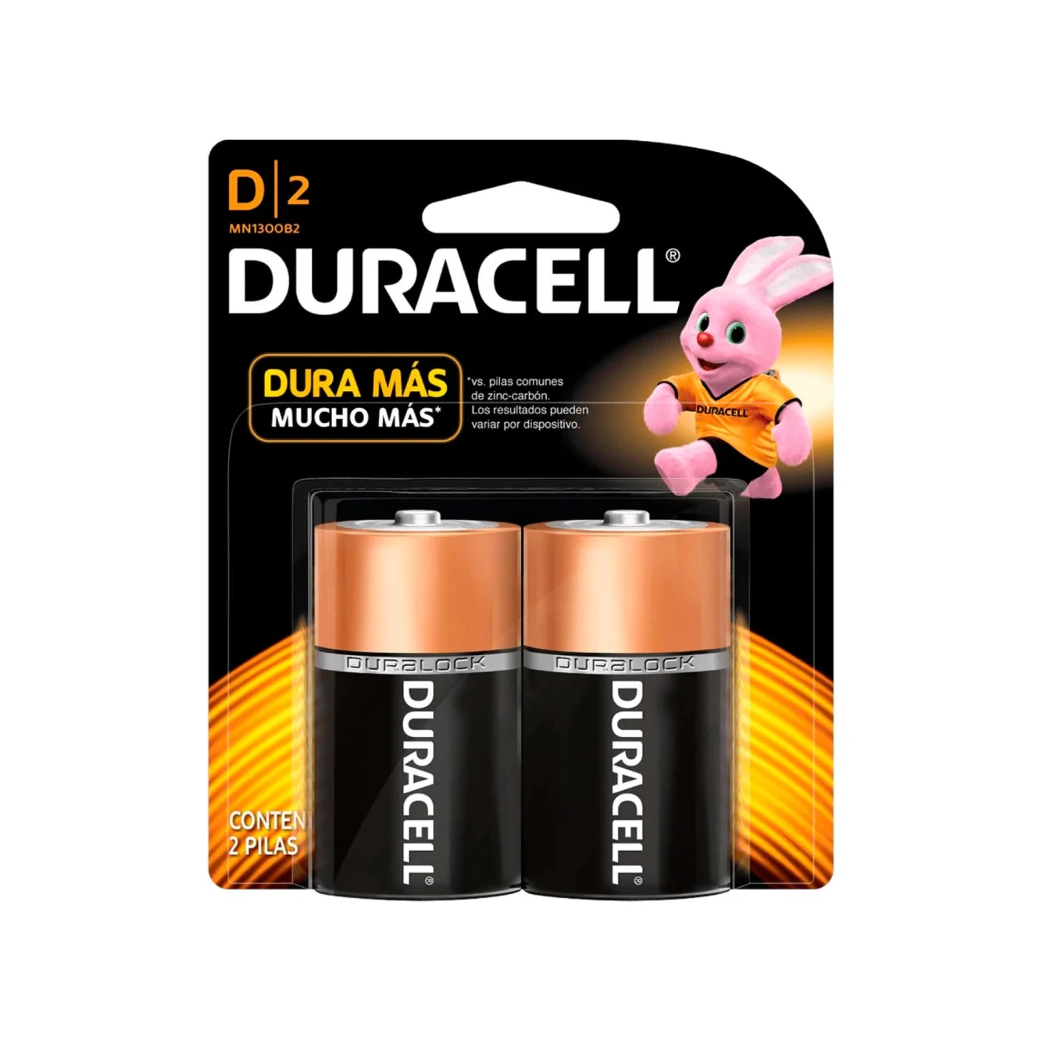 Pilas alcalinas Duracell tipo D, paquete de 2 unidades, diseño cobre y negro. Larga duración.