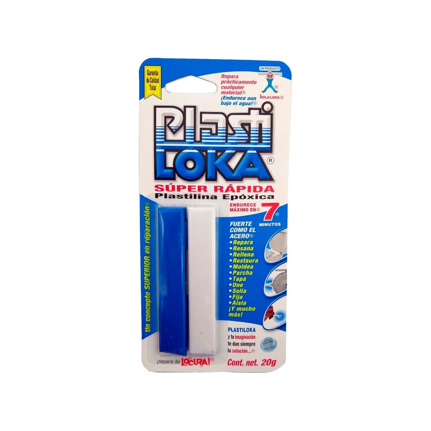 Plastilina epóxica súper rápida Plastiloka 20g, endurece en 7 minutos, fuerte como acero, repara bajo el agua.