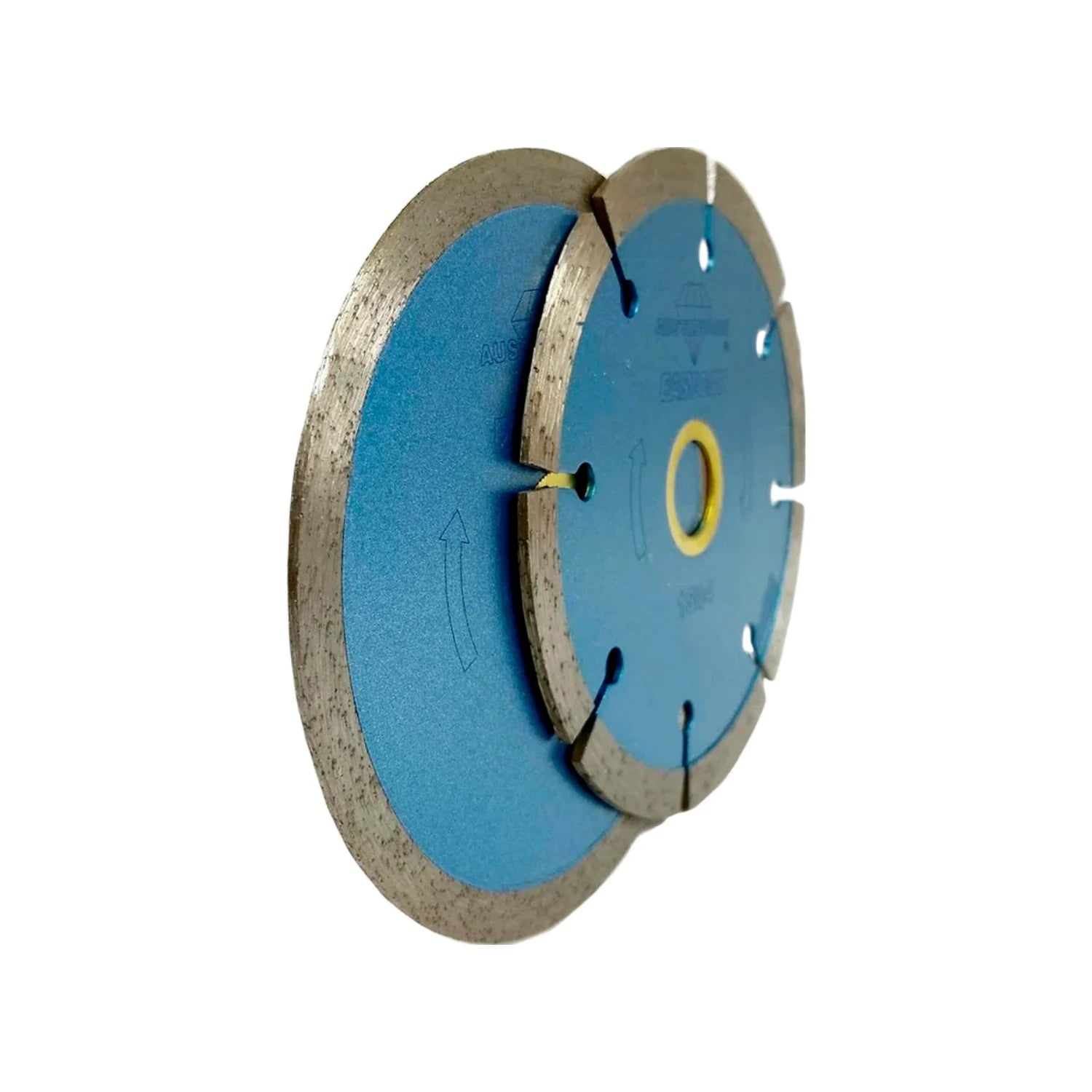 Discos de corte de diamante Austrodiam azules, uno de corona continua y otro segmentado para materiales duros.