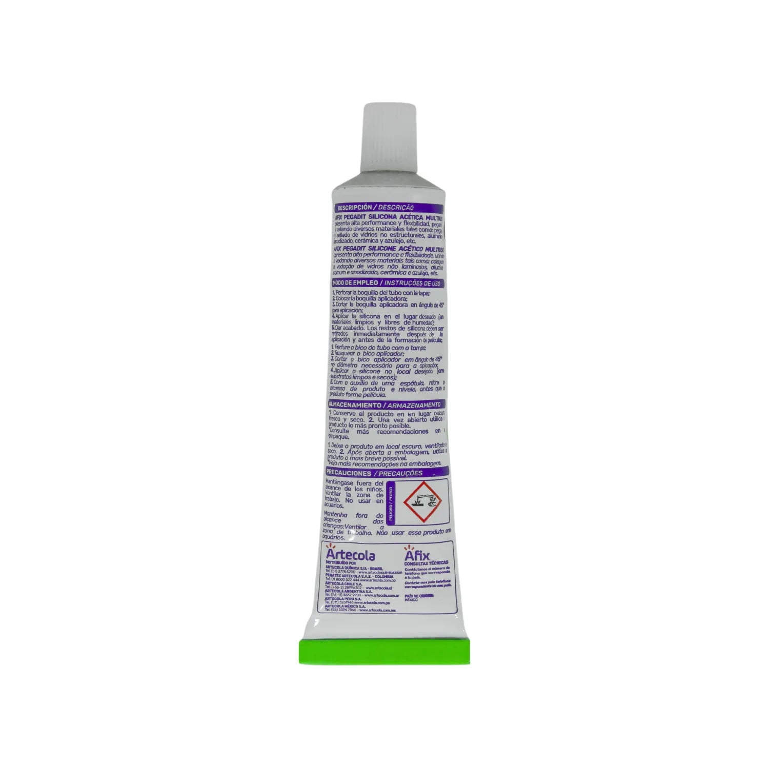 Silicona acética multiusos Afíx en tubo blanco, sellador para vidrio, cerámica y azulejos.