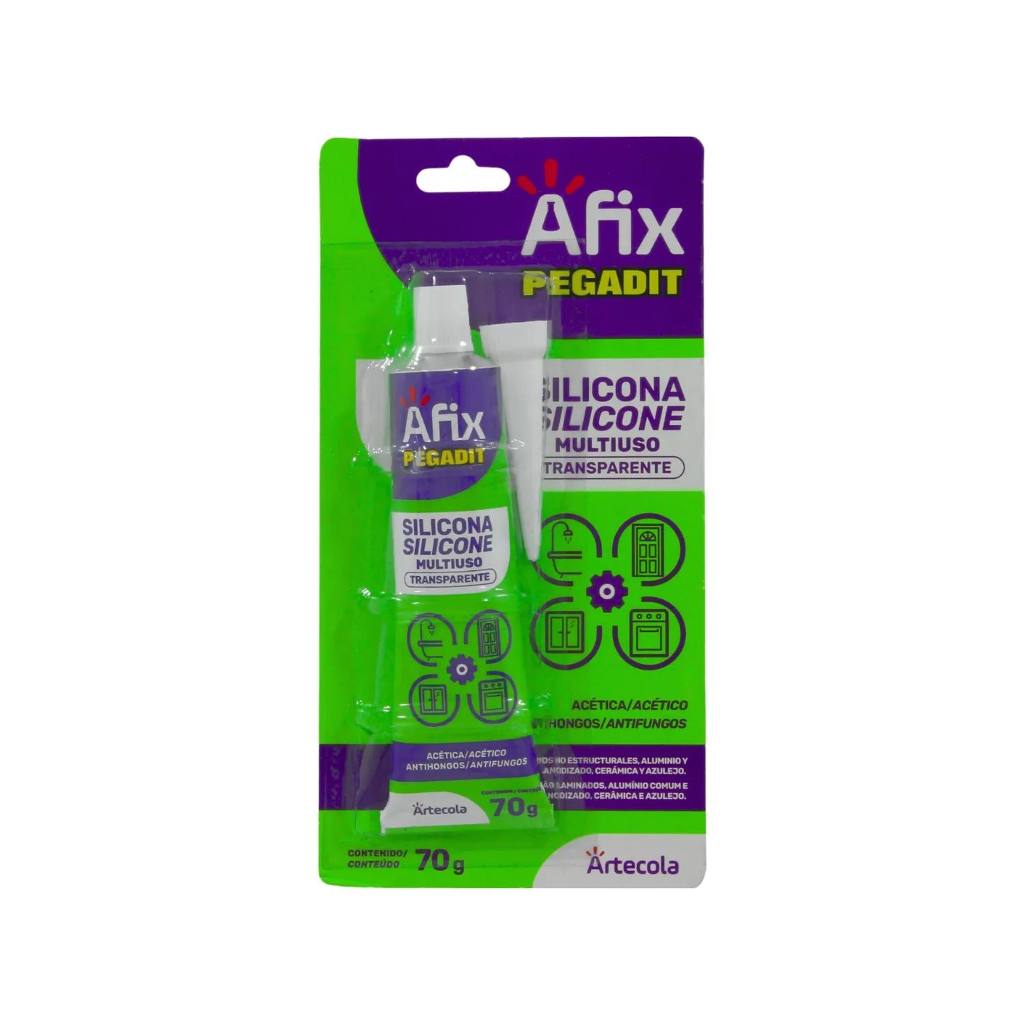 Silicona transparente multiuso Afix Pegadit 70g acética antihongos para baños, cocinas, puertas y ventanas.