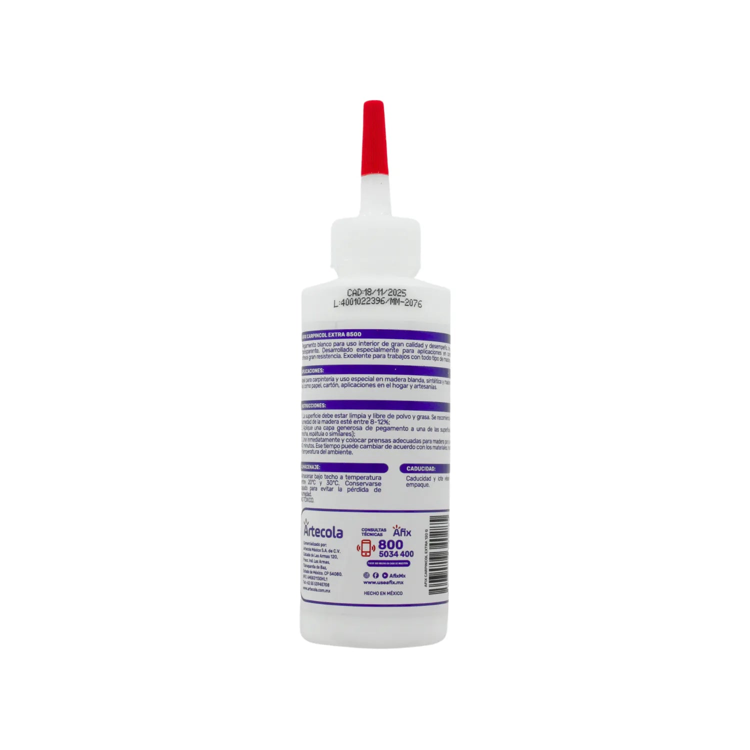 Pegamento blanco Afix Carpincol Extra 8500 de 320g, adhesivo para madera y carpintería con tapa roja.