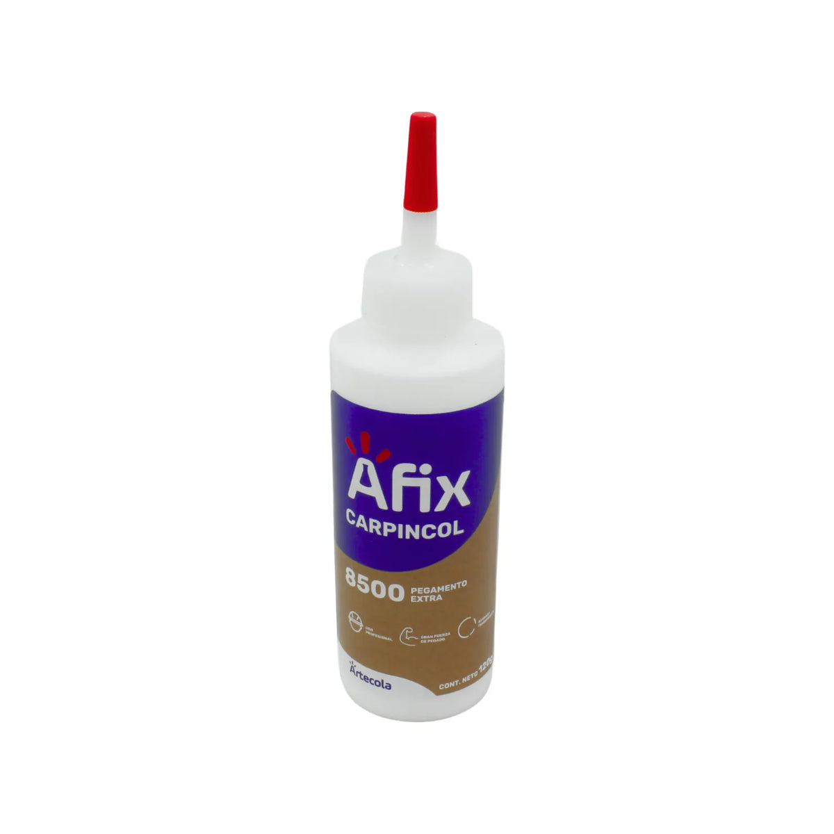Pegamento blanco Afix Carpincol 8500, adhesivo extra fuerte profesional para madera 120g, tapa roja.