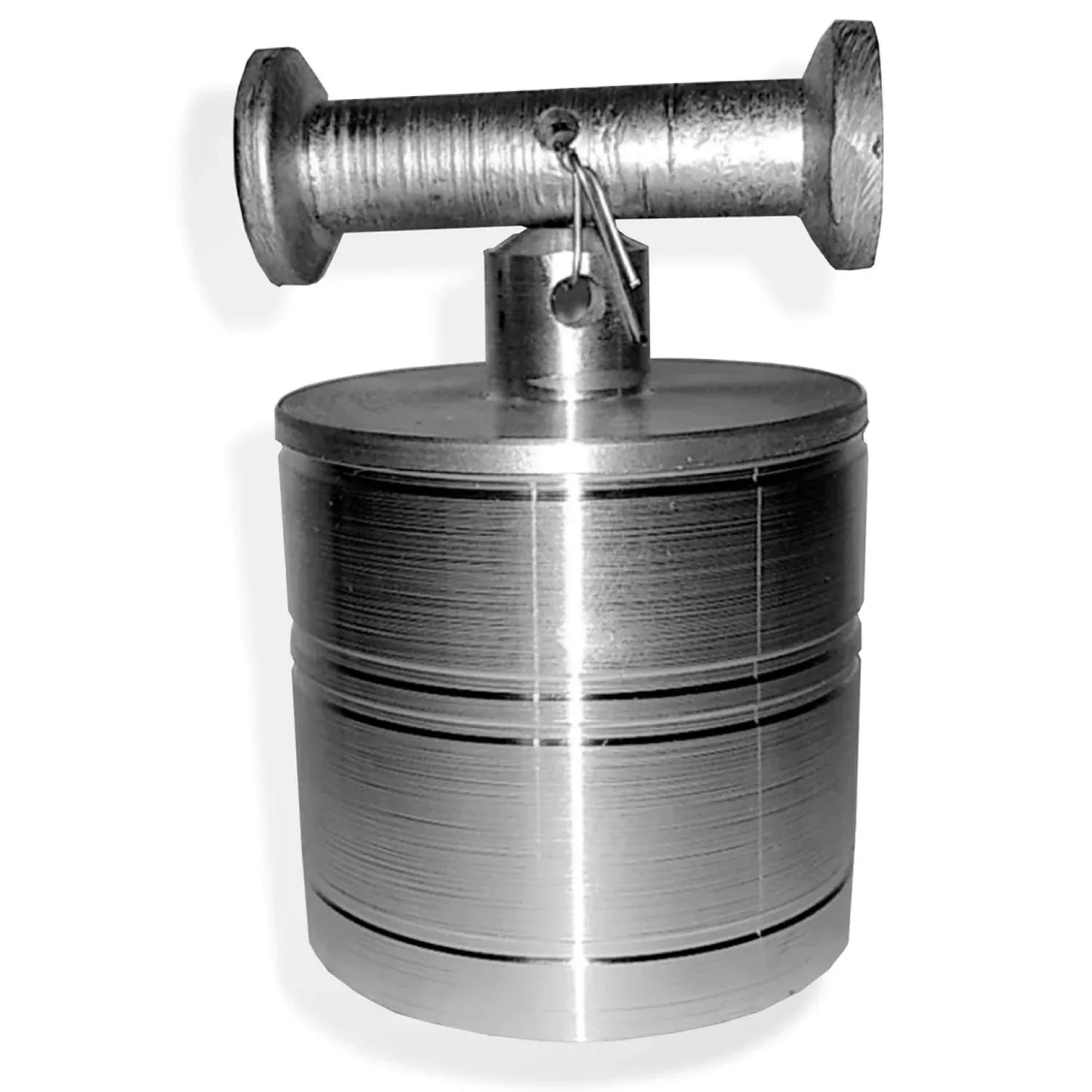 Peso de calibración cilíndrico de acero, mango en T con pasador de seguridad, para ajustes de precisión.