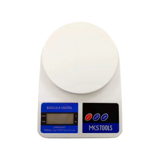 Báscula decocina.,Peso máximo: 5 kg,Unidad de medida gramos (g) y onzas (oz).,Indicador de batería baja.,Función "tara" (descuenta el peso del recipiente).,Báscula digital con sensor de alta precisión (pantalla display).