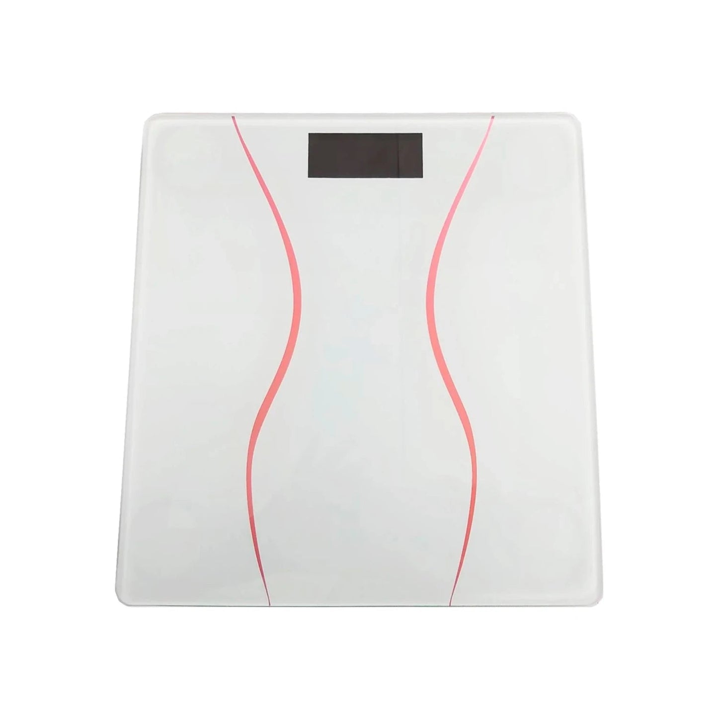 Báscula corporal digital blanca de 180 kg con diseño de curvas rosas y pantalla para control de peso.