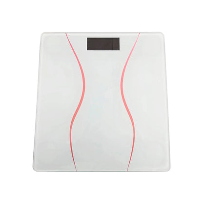 Báscula corporal digital blanca de 180 kg con diseño de curvas rosas y pantalla para control de peso.