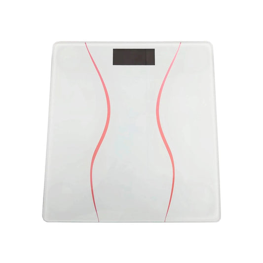 Báscula corporal digital blanca de 180 kg con diseño de curvas rosas y pantalla para control de peso.