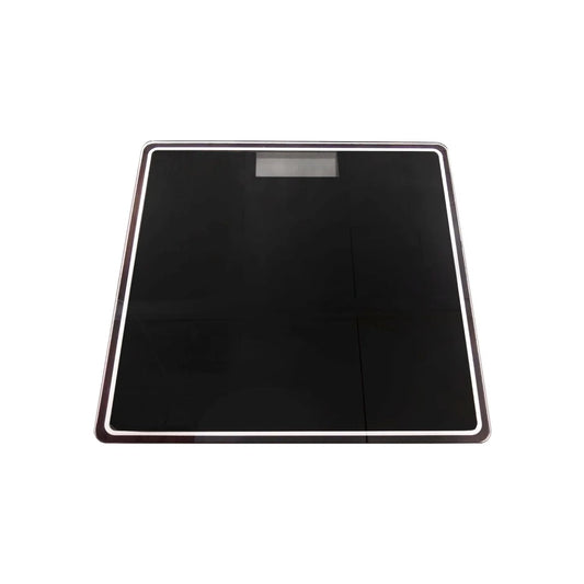 Báscula corporal digital negra de vidrio con pantalla LCD y borde cromado para control de peso preciso