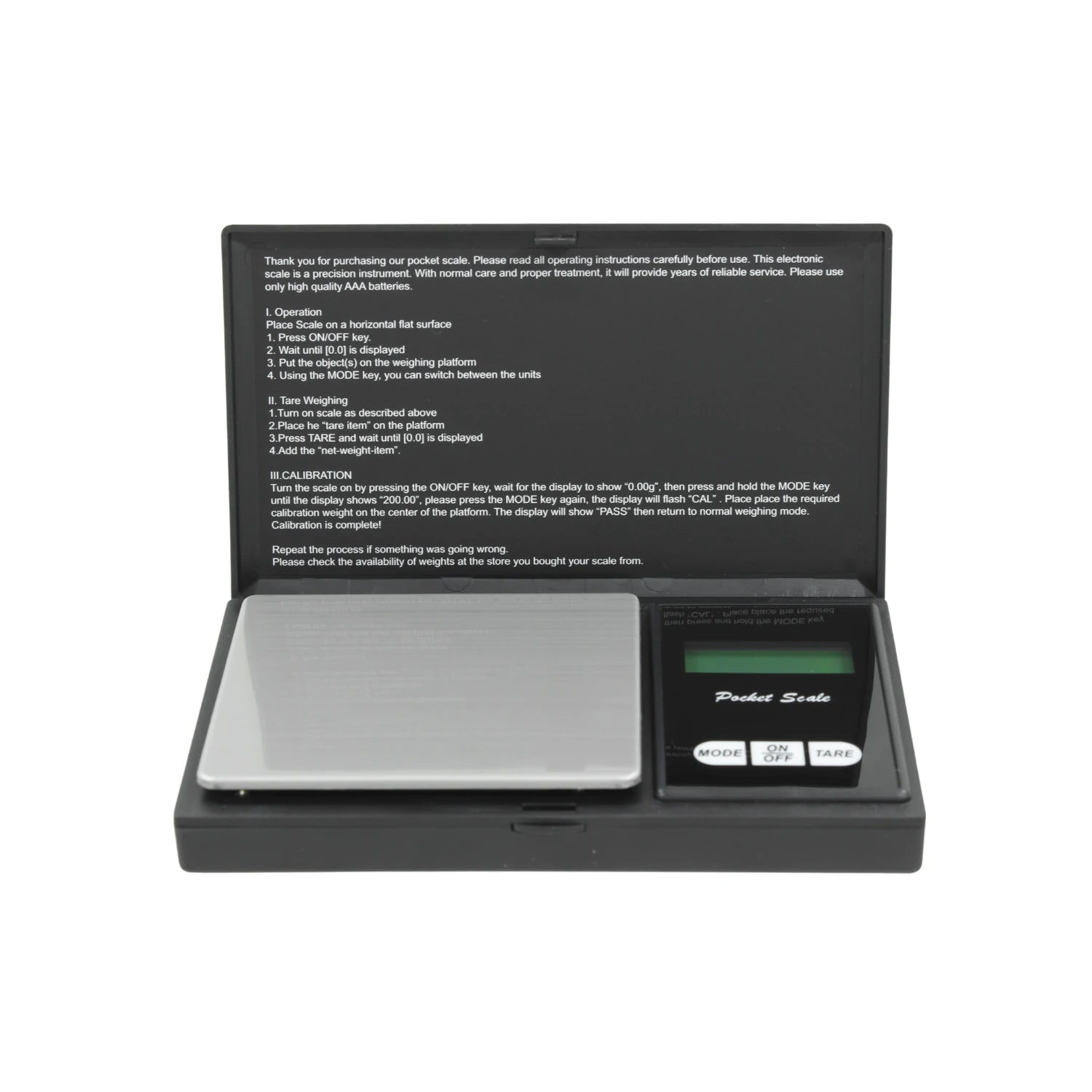 Báscula digital de bolsillo negra para precisión, con pantalla LCD y botones de tara, ideal para gramos