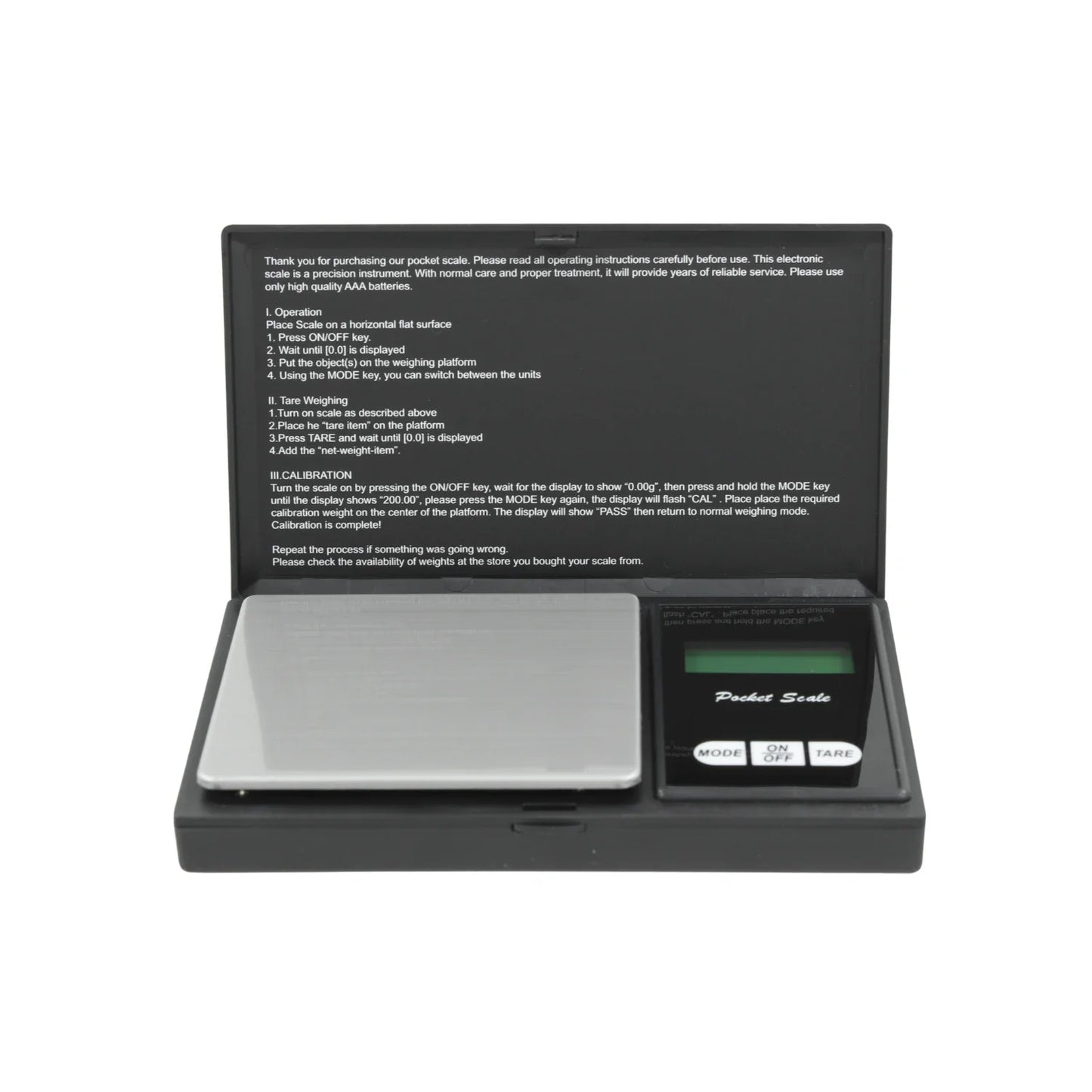 Báscula debolsillo.,Báscula mini de gran precision.,Pesa desde 0.01 gr hasta 500 gr,Altamente calibrada.,Pantalla LCD retroiluminada.,Utilizando las teclas puede cambiar de modo entre las unidades.,Incluye 2 pilas AAA